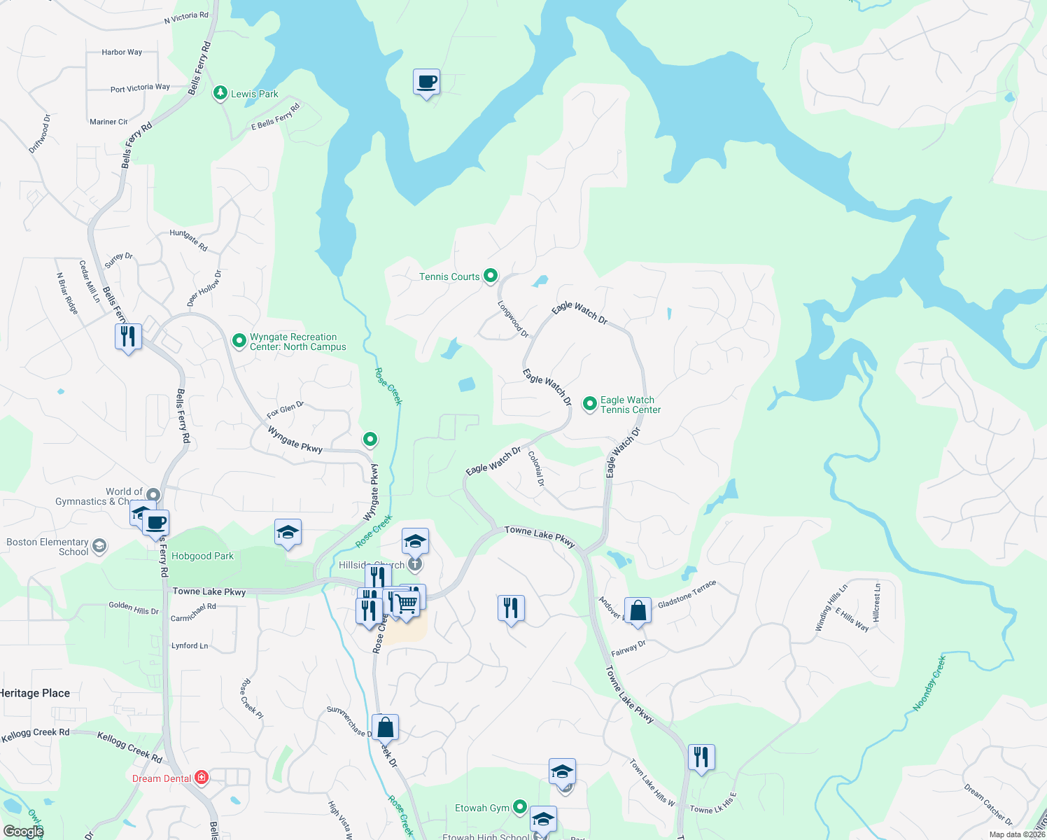 map of restaurants, bars, coffee shops, grocery stores, and more near 1736 Indian Ridge Dr in Woodstock