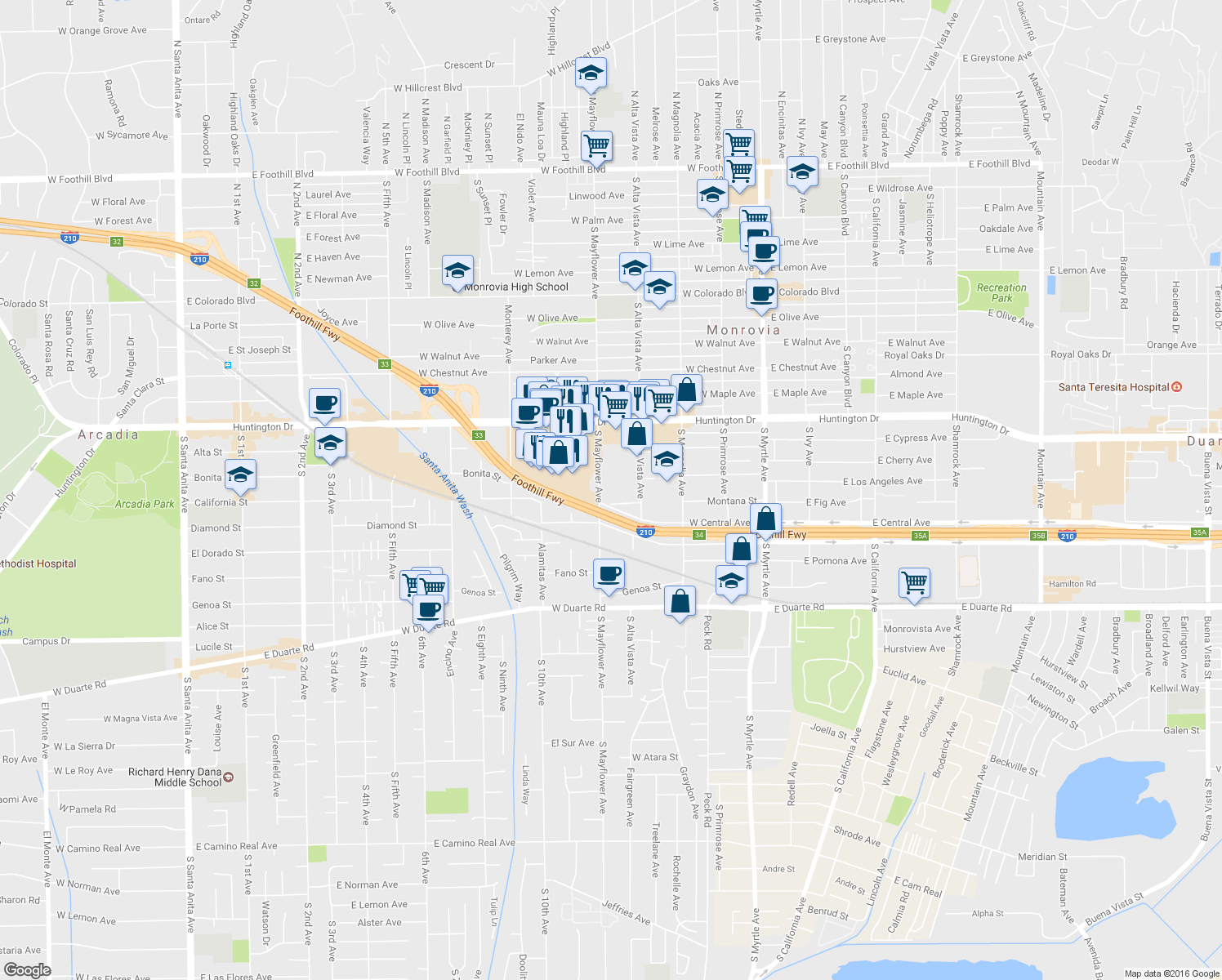 map of restaurants, bars, coffee shops, grocery stores, and more near 1340 Mayflower Avenue in Monrovia