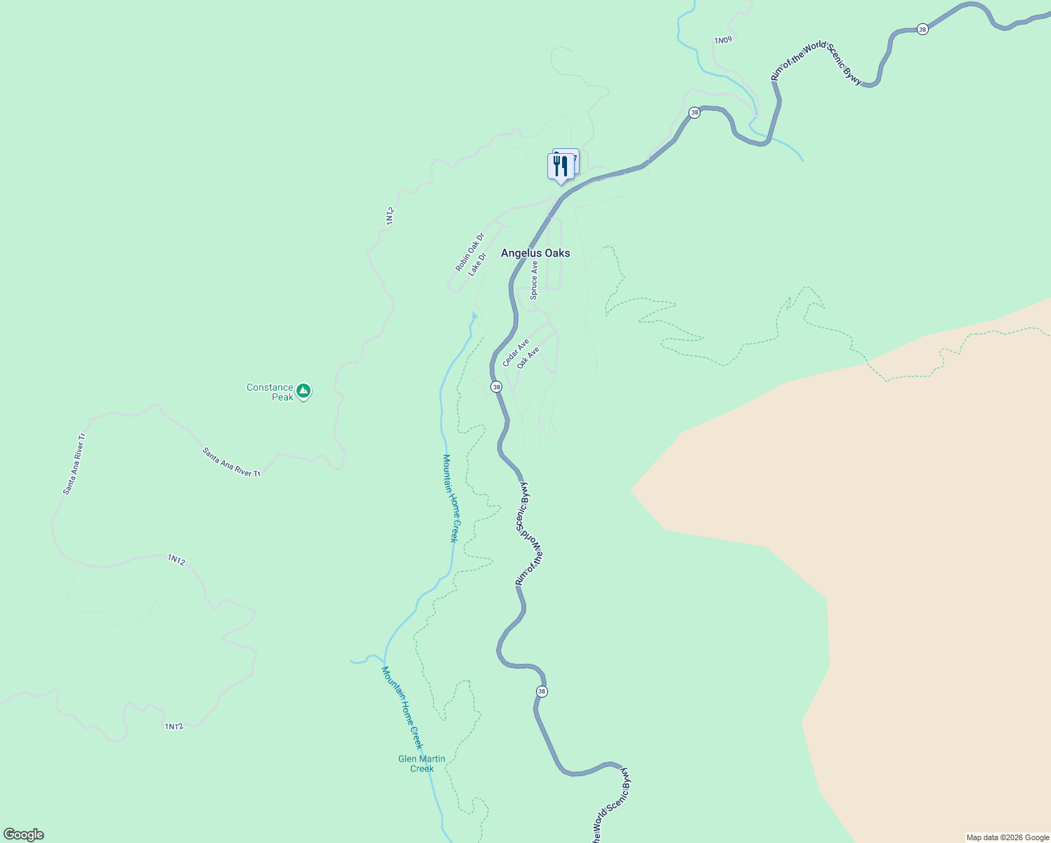 map of restaurants, bars, coffee shops, grocery stores, and more near 6429 Cedar Avenue in Angelus Oaks