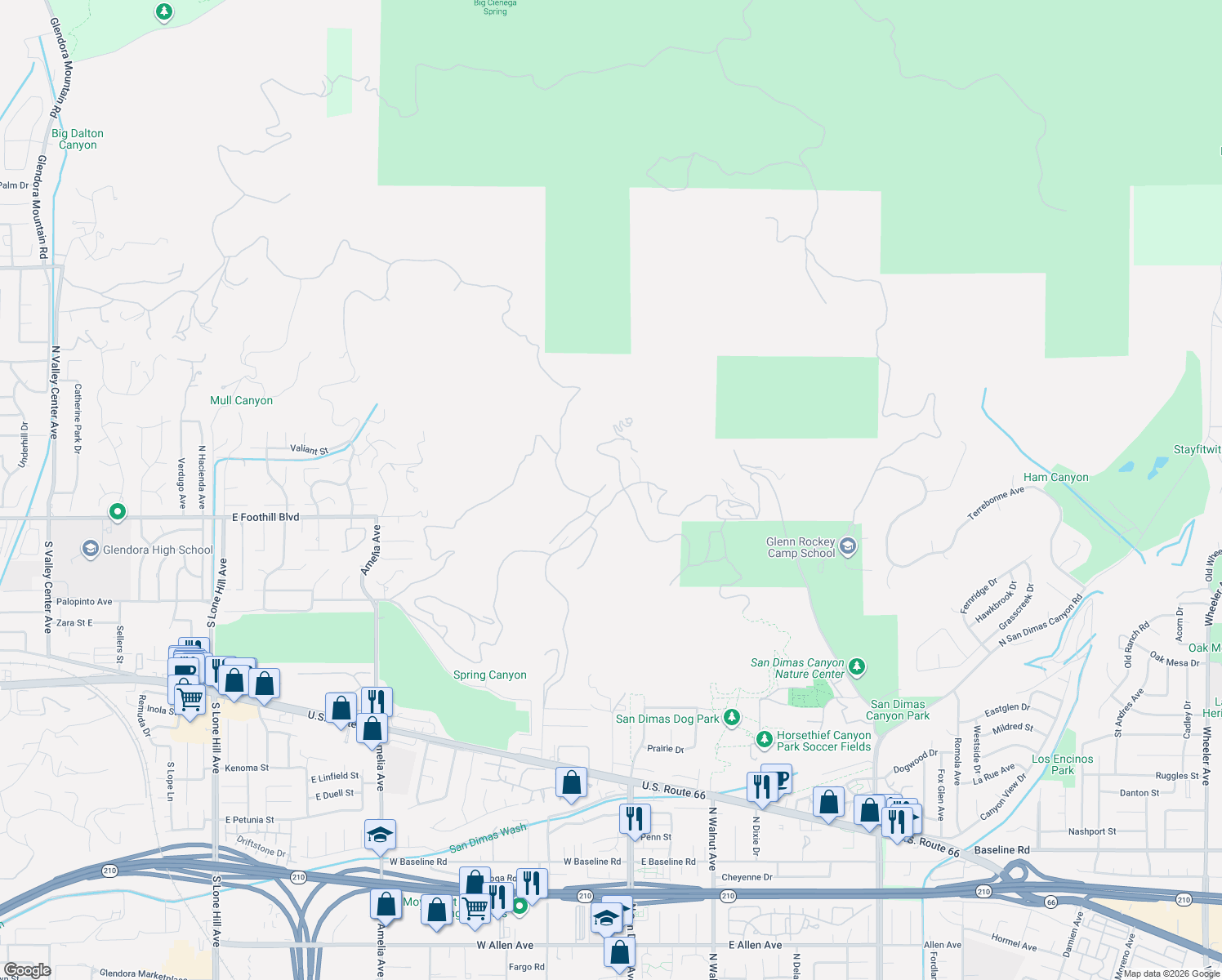 map of restaurants, bars, coffee shops, grocery stores, and more near 1641 Brasada Lane in San Dimas
