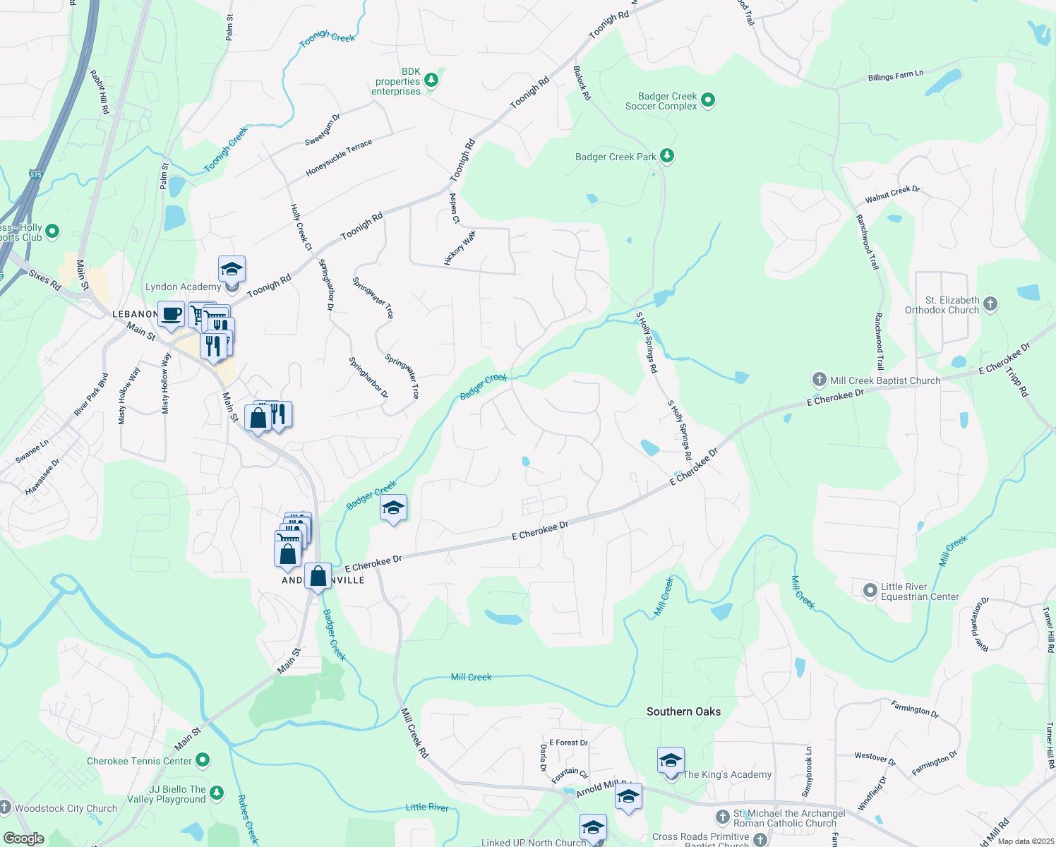 map of restaurants, bars, coffee shops, grocery stores, and more near 145 Highlands Drive in Woodstock