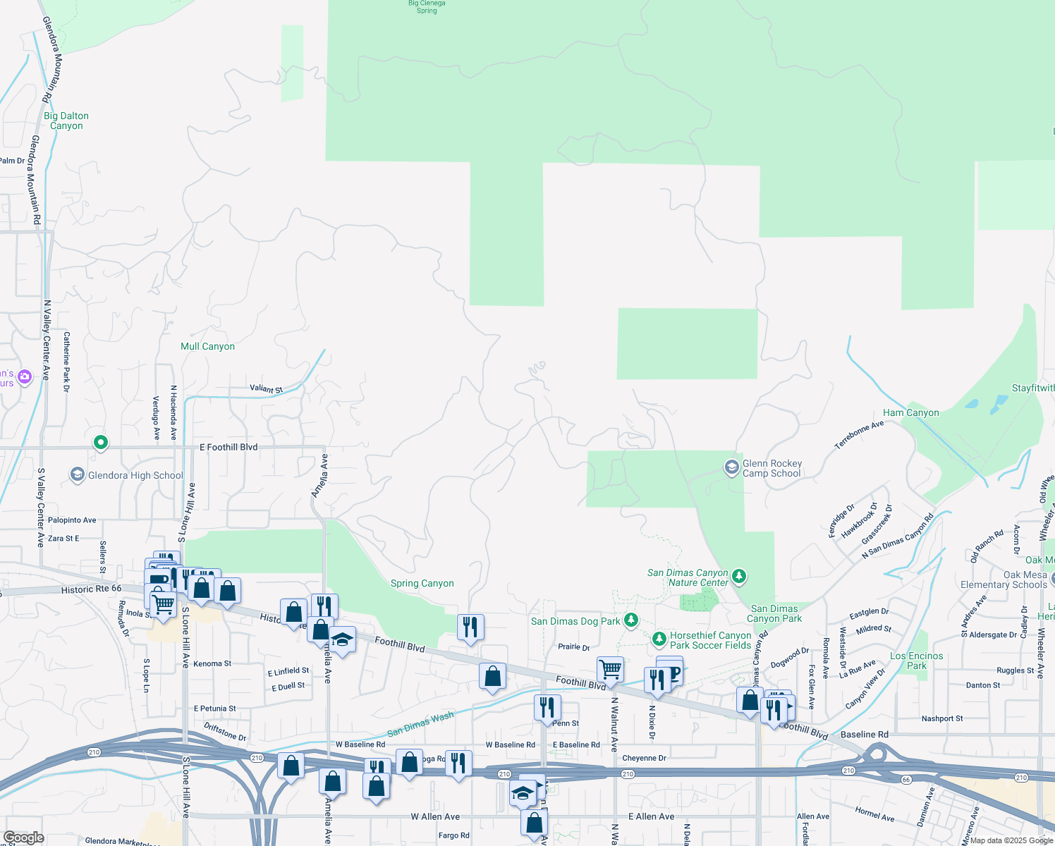 map of restaurants, bars, coffee shops, grocery stores, and more near 1641 Brasada Lane in San Dimas