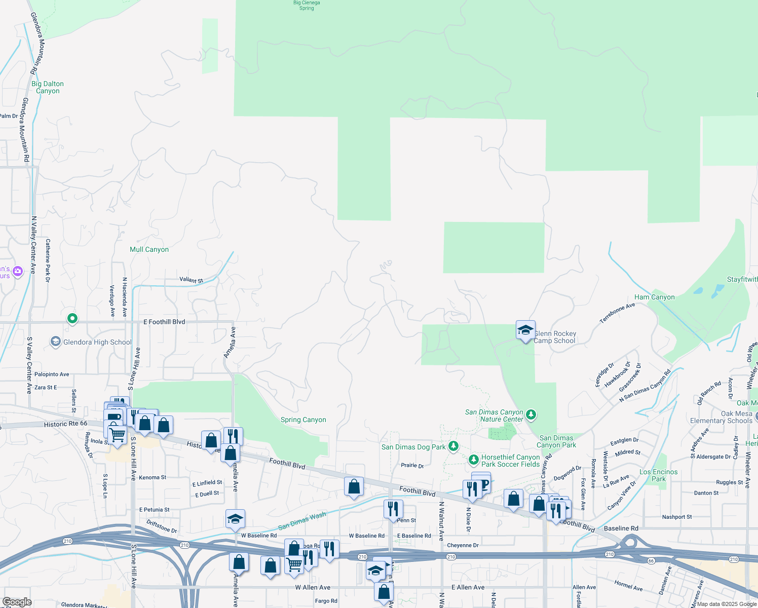 map of restaurants, bars, coffee shops, grocery stores, and more near 1641 Brasada Lane in San Dimas