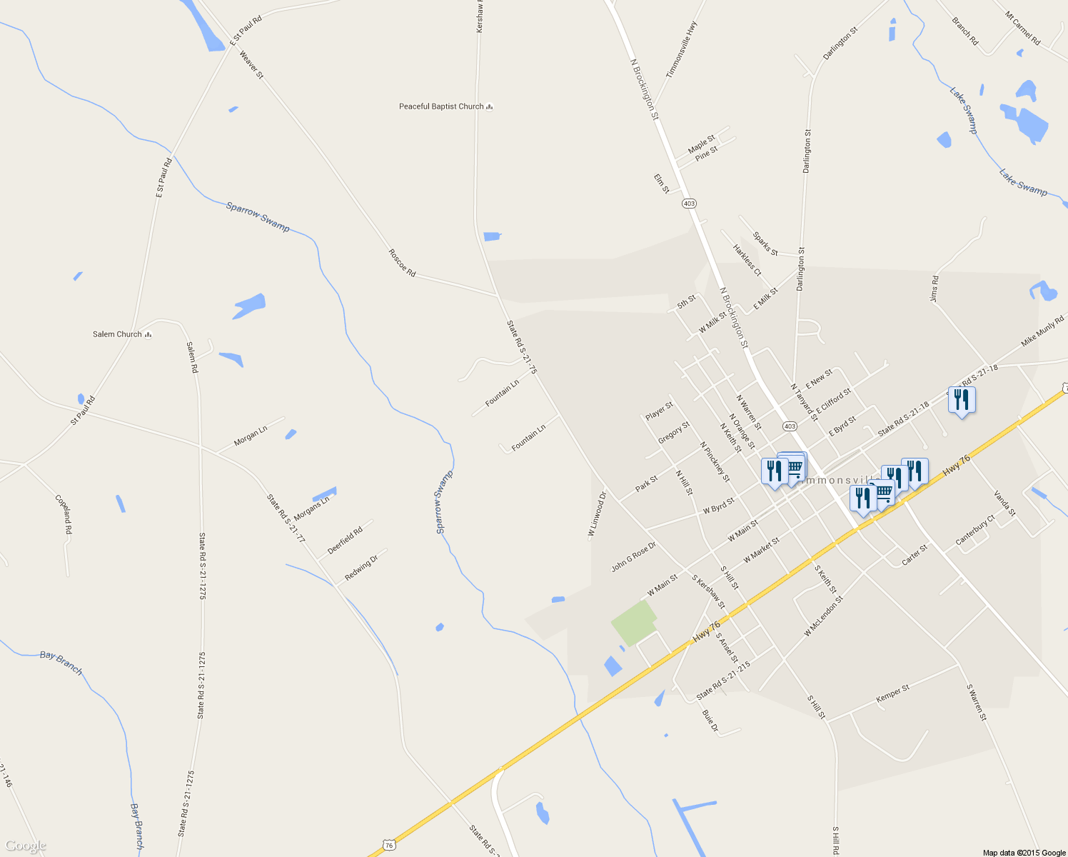 map of restaurants, bars, coffee shops, grocery stores, and more near 619 Fountain Lane in Timmonsville