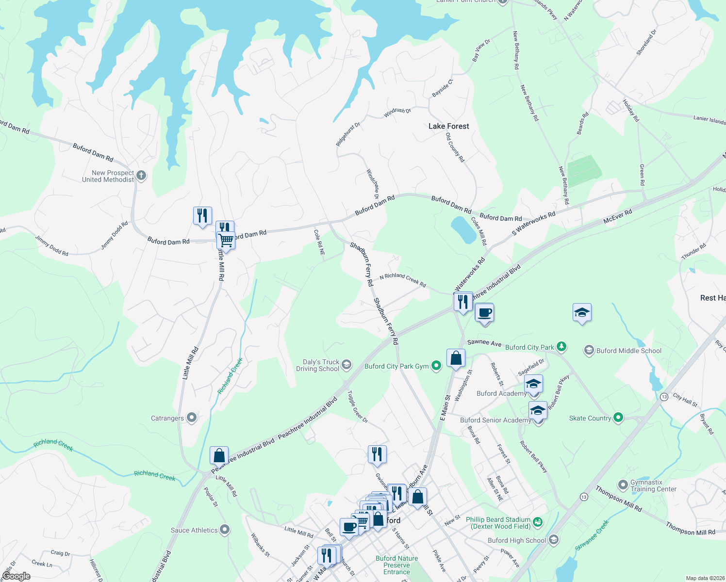 map of restaurants, bars, coffee shops, grocery stores, and more near 5464 Shadburn Ferry Rd in Buford