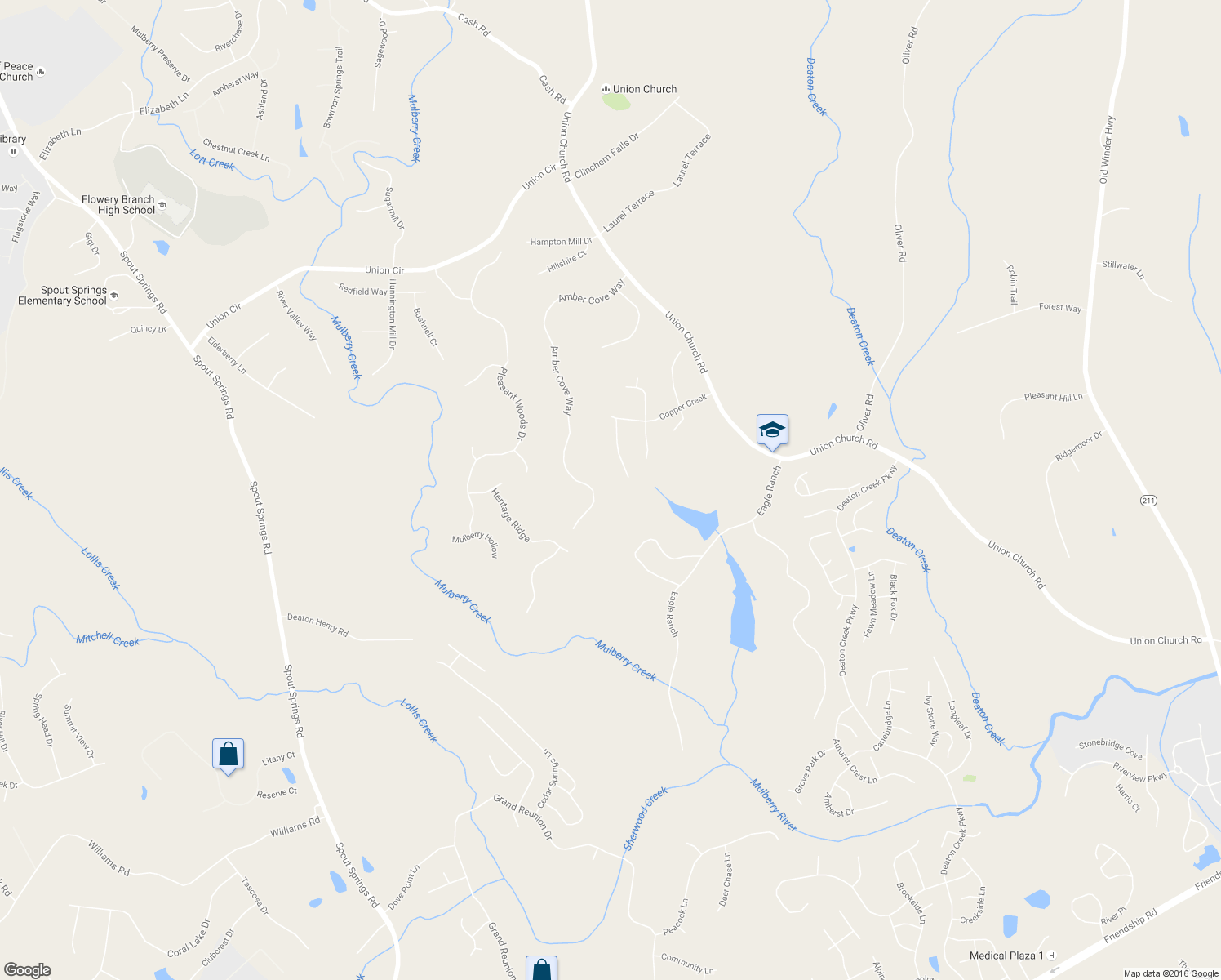 map of restaurants, bars, coffee shops, grocery stores, and more near 5515 Amber Cove Way in Flowery Branch