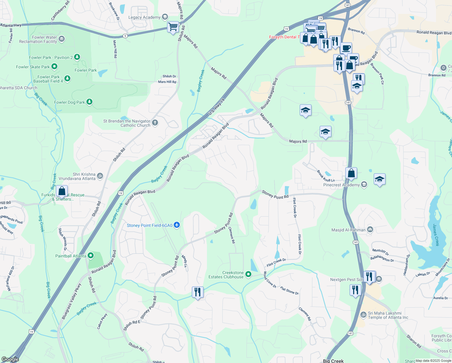 map of restaurants, bars, coffee shops, grocery stores, and more near 4395 Wildbrooke Parkway in Cumming