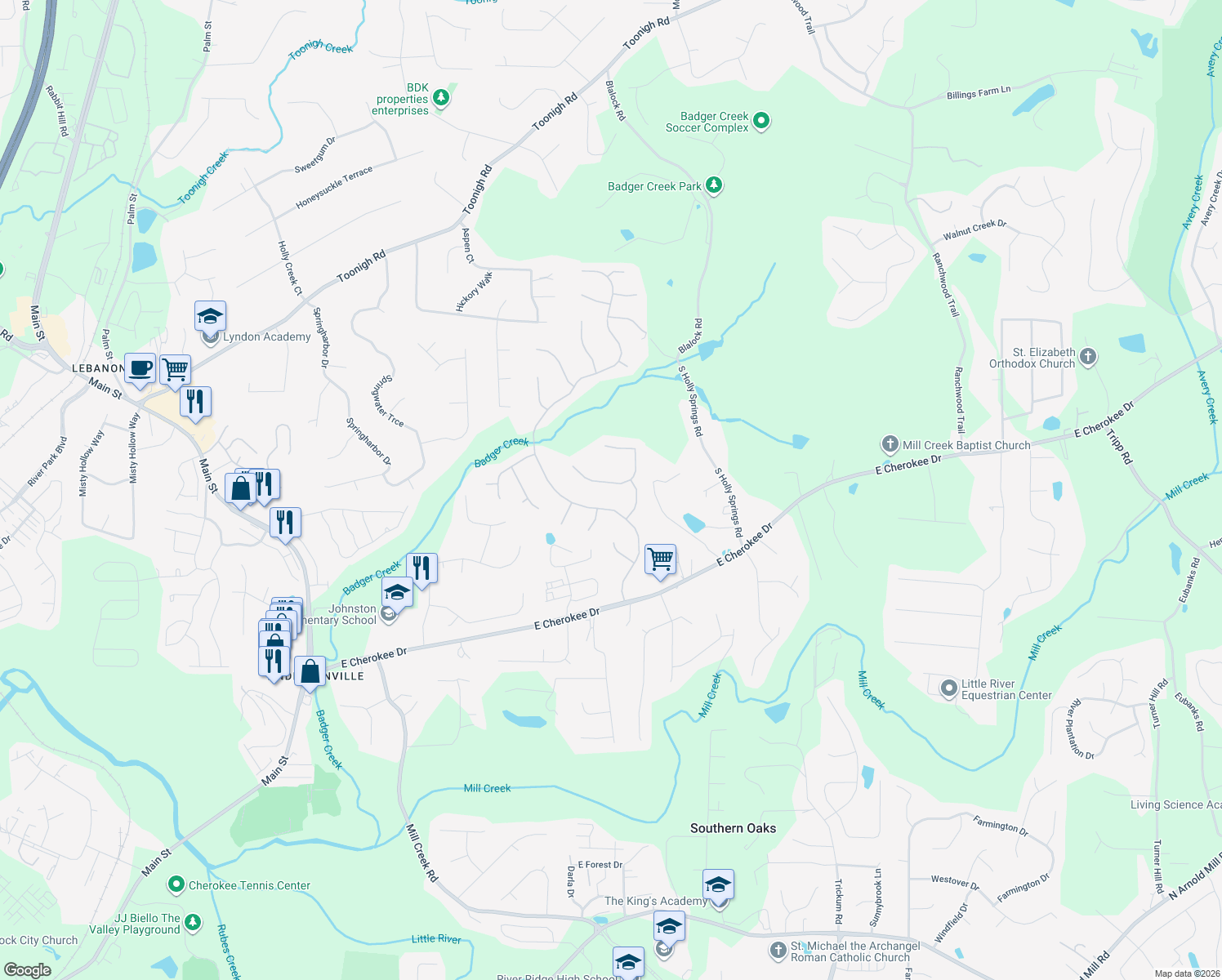 map of restaurants, bars, coffee shops, grocery stores, and more near 720 Parkside Drive in Woodstock