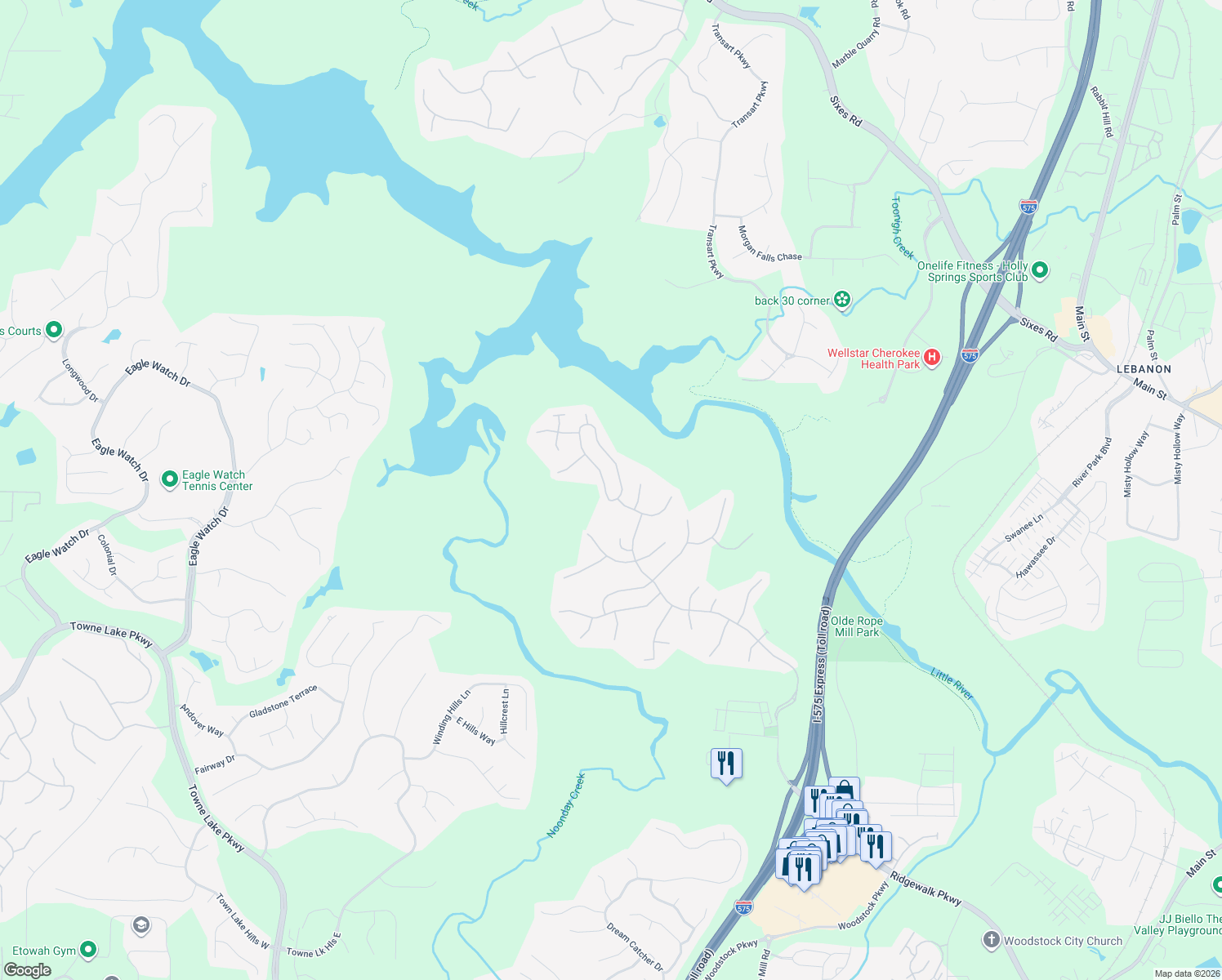 map of restaurants, bars, coffee shops, grocery stores, and more near 187 Wallnut Hall Circle in Woodstock