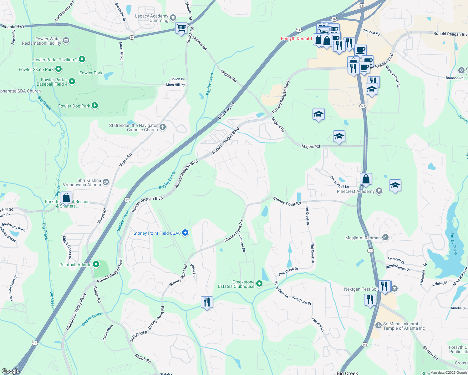 map of restaurants, bars, coffee shops, grocery stores, and more near 4395 Wildbrooke Parkway in Cumming