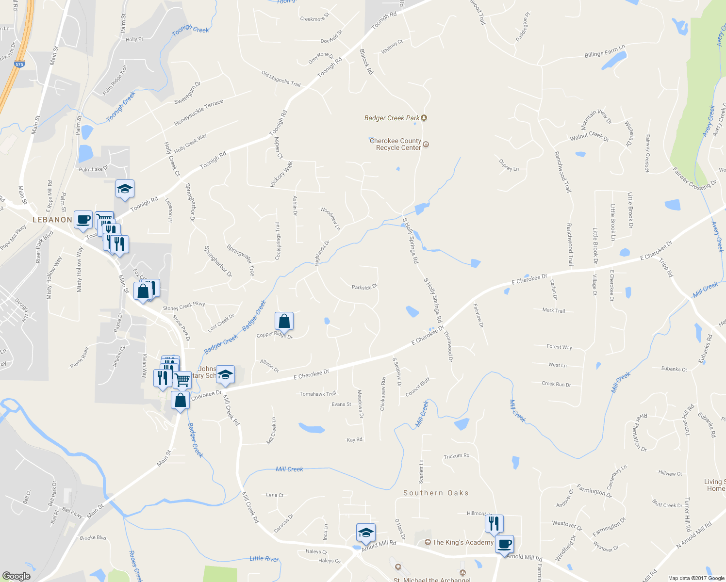 map of restaurants, bars, coffee shops, grocery stores, and more near 720 Parkside Drive in Woodstock