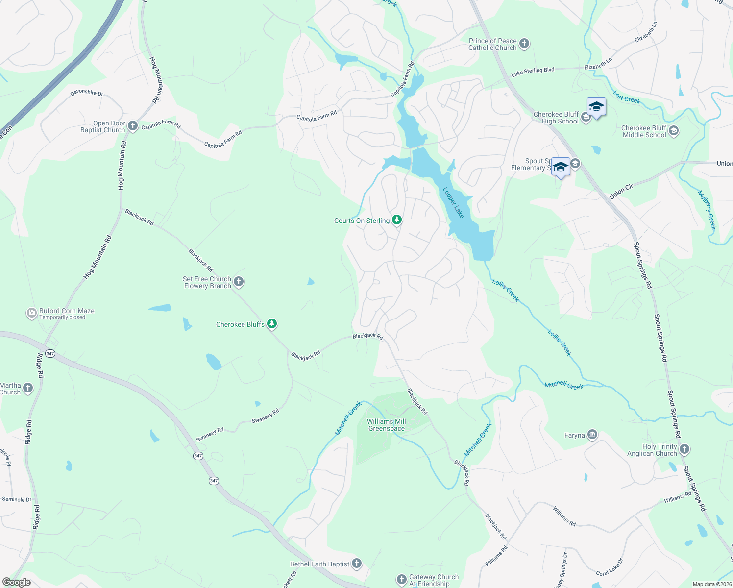 map of restaurants, bars, coffee shops, grocery stores, and more near 7722 Copper Kettle Way in Flowery Branch