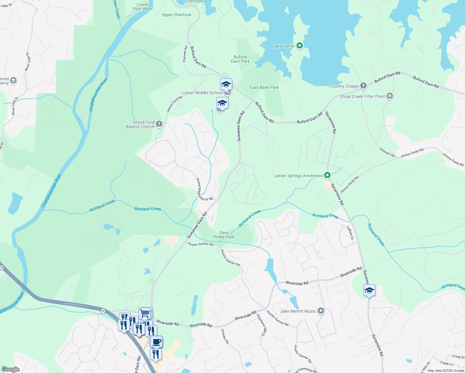 map of restaurants, bars, coffee shops, grocery stores, and more near 6701 Pierless Avenue Northeast in Sugar Hill
