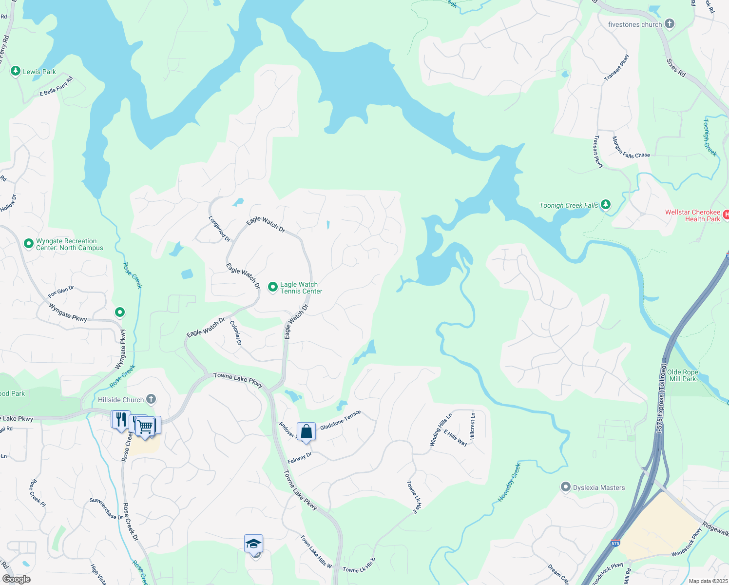 map of restaurants, bars, coffee shops, grocery stores, and more near 511 Deer Run Way in Woodstock