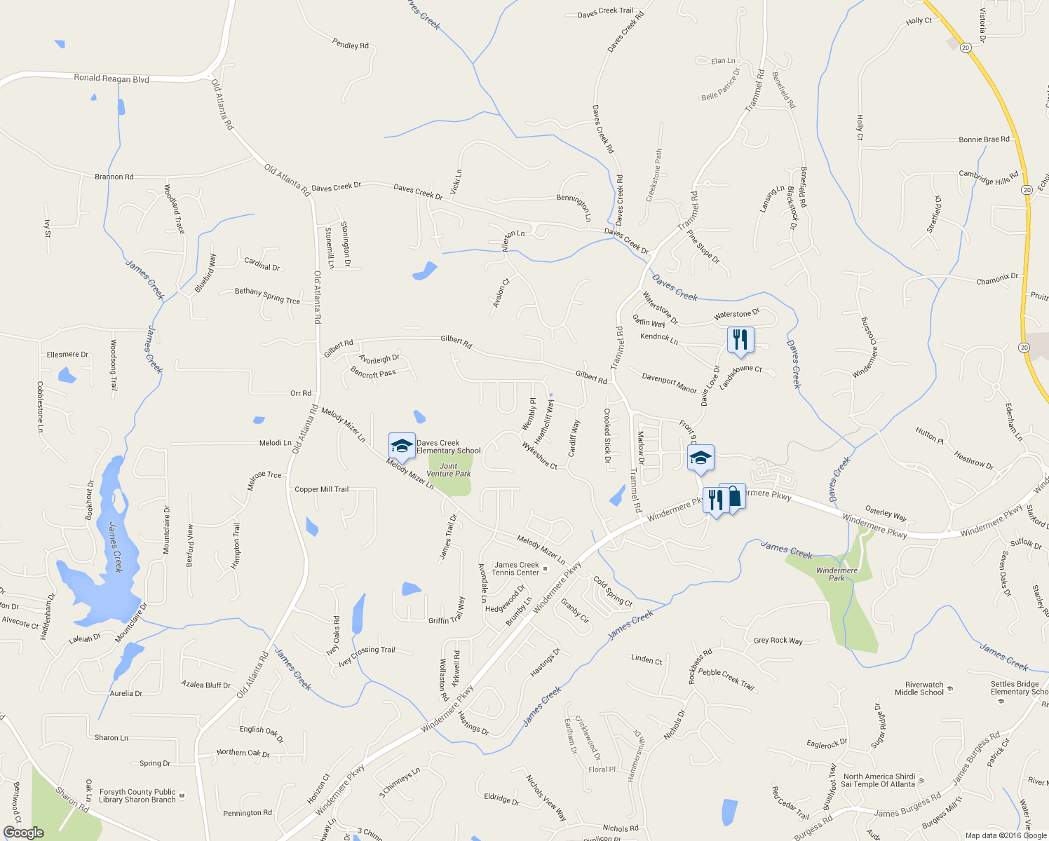 map of restaurants, bars, coffee shops, grocery stores, and more near 4435 Wembly Pl in Cumming