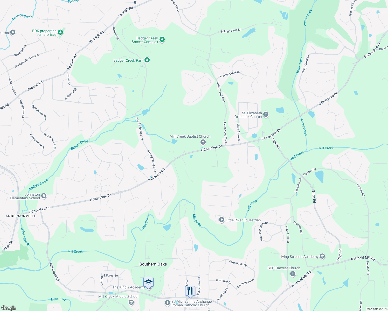 map of restaurants, bars, coffee shops, grocery stores, and more near 2184 East Cherokee Drive in Woodstock