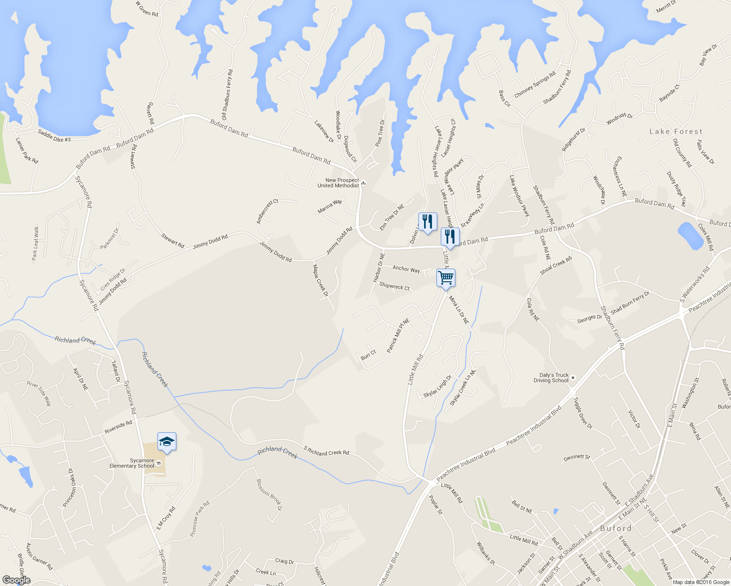 map of restaurants, bars, coffee shops, grocery stores, and more near 5742 Harbor Drive Northeast in Buford