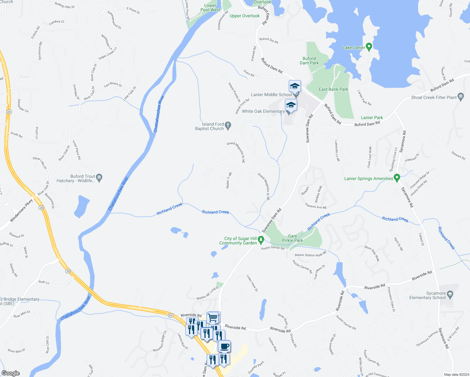 map of restaurants, bars, coffee shops, grocery stores, and more near 734 Weller Path Northeast in Sugar Hill