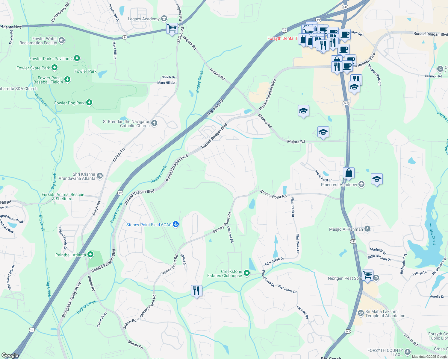map of restaurants, bars, coffee shops, grocery stores, and more near 4420 Skylark Lane in Cumming