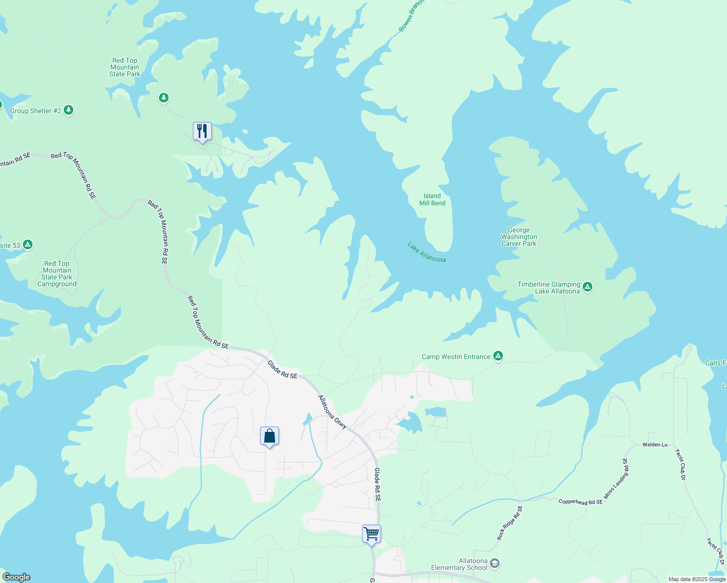 map of restaurants, bars, coffee shops, grocery stores, and more near Island Mill Road Southeast in Bartow County