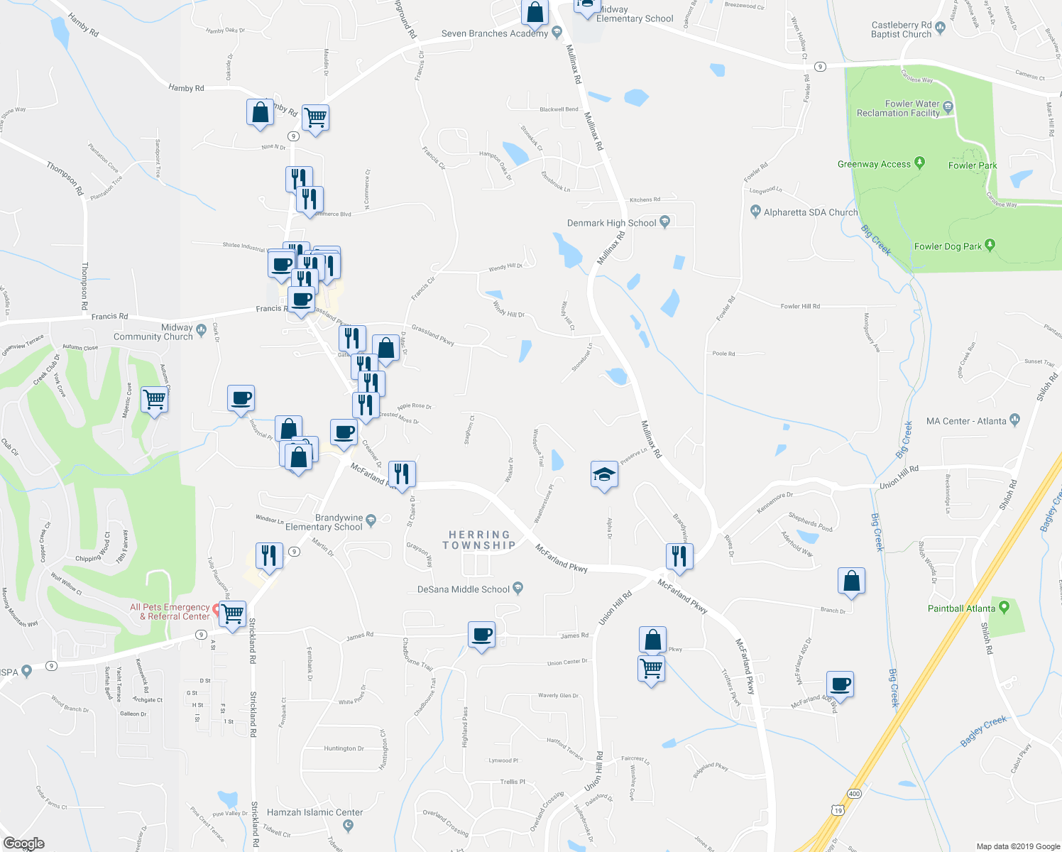 map of restaurants, bars, coffee shops, grocery stores, and more near 501 Windstone Trail in Alpharetta