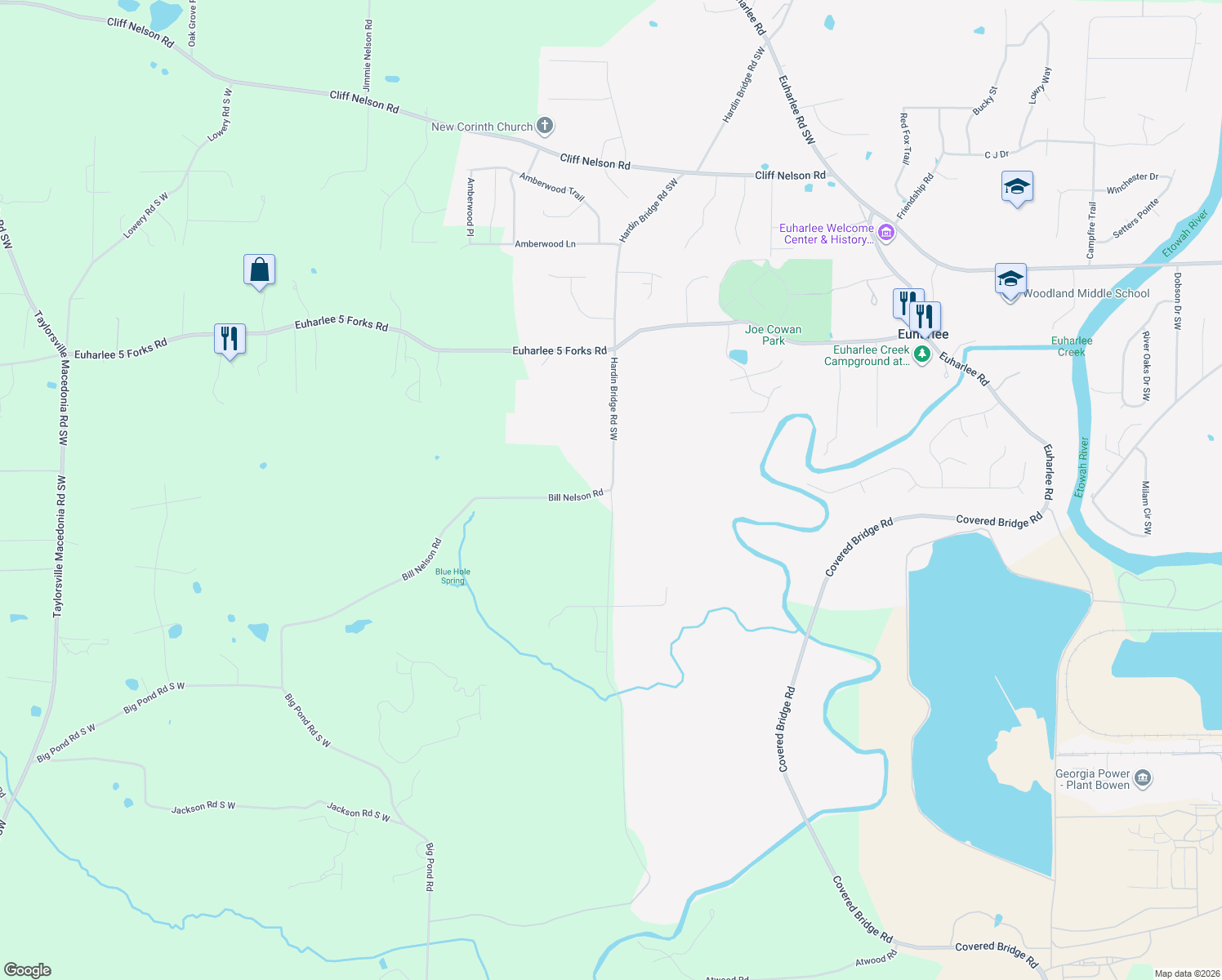 map of restaurants, bars, coffee shops, grocery stores, and more near 0 Bill Nelson Rd in Euharlee