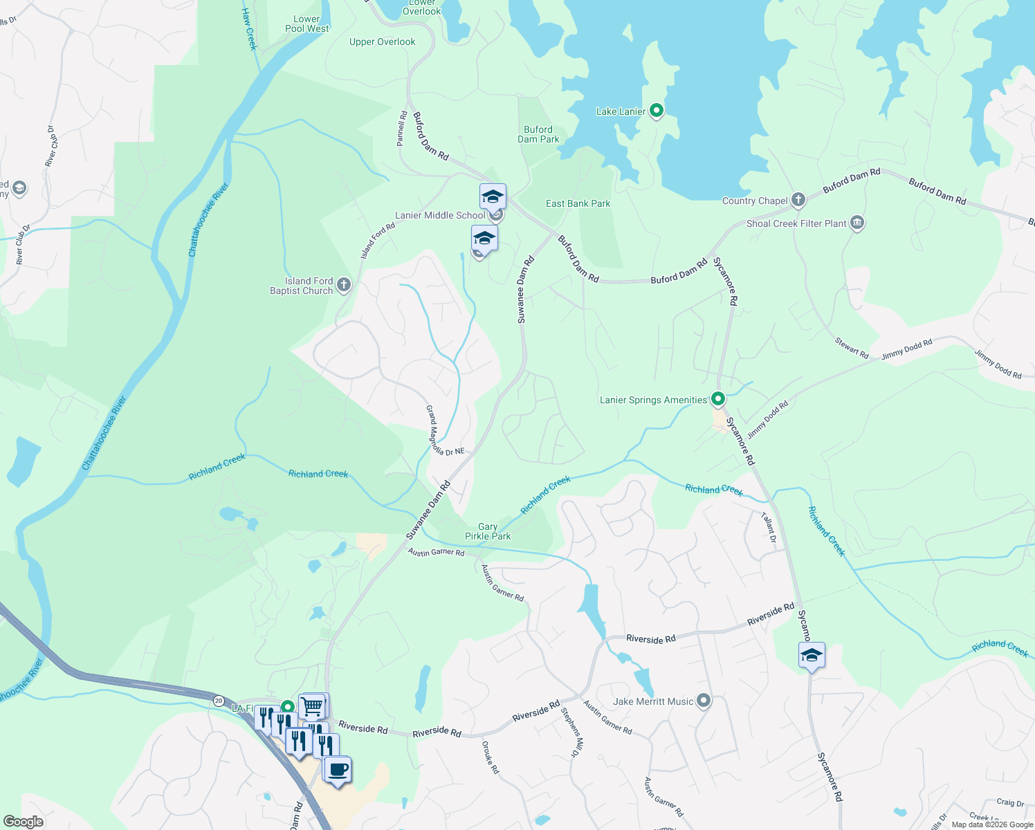 map of restaurants, bars, coffee shops, grocery stores, and more near 6838 Pierless Avenue Northeast in Sugar Hill