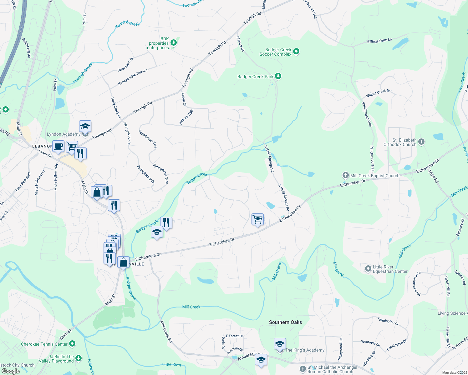 map of restaurants, bars, coffee shops, grocery stores, and more near 713 Parkside Drive in Woodstock