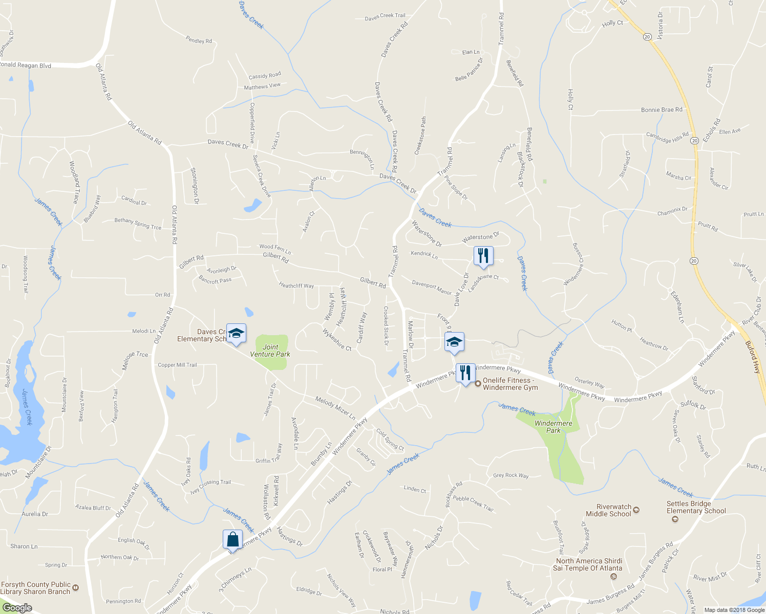 map of restaurants, bars, coffee shops, grocery stores, and more near 3020 Crooked Stick Drive in Cumming