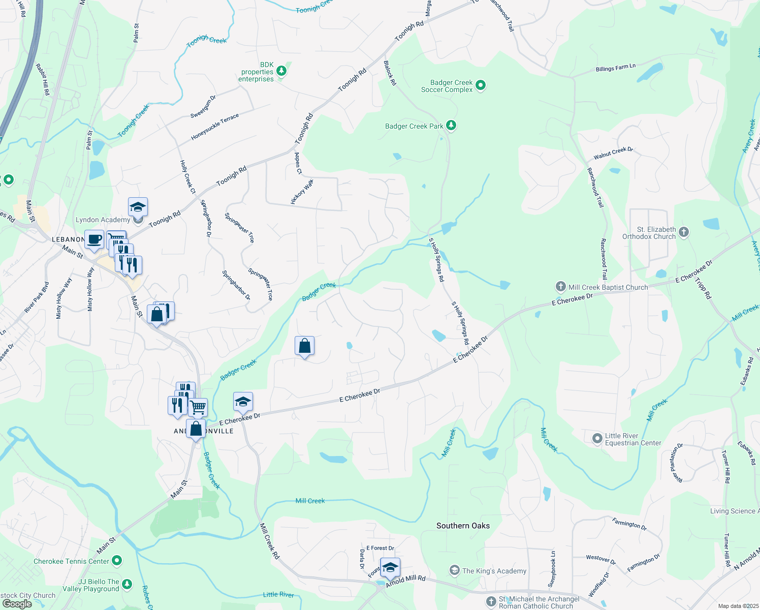 map of restaurants, bars, coffee shops, grocery stores, and more near 713 Parkside Drive in Woodstock