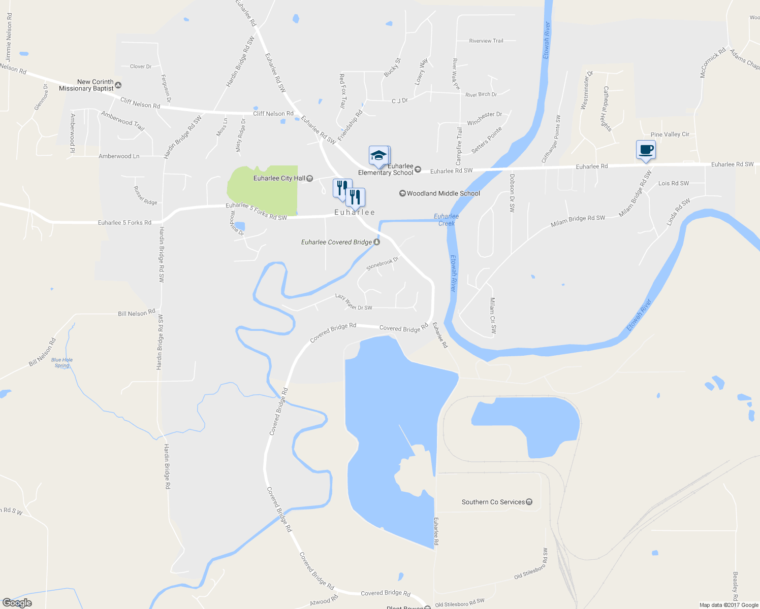 map of restaurants, bars, coffee shops, grocery stores, and more near 36 Lazy Water Drive Southwest in Euharlee