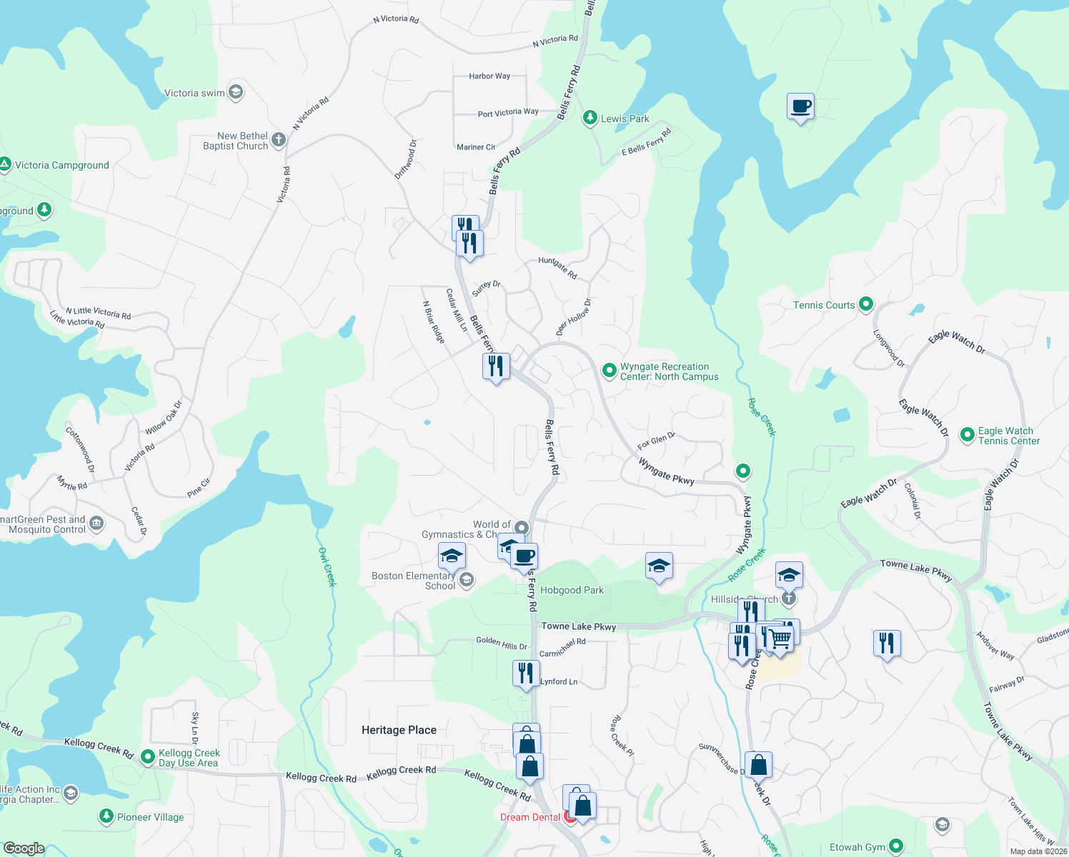map of restaurants, bars, coffee shops, grocery stores, and more near 217 Ascott Lane in Woodstock