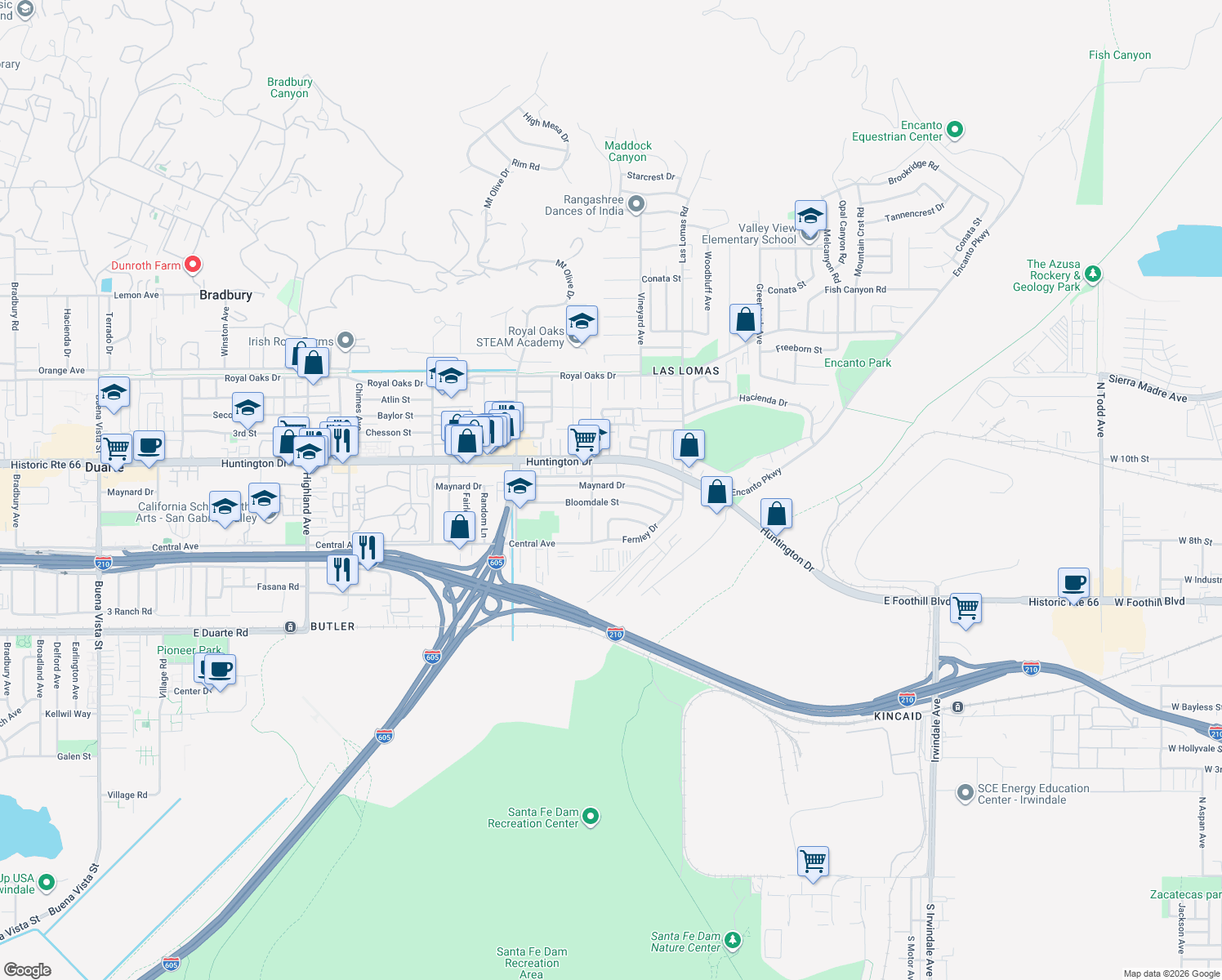 map of restaurants, bars, coffee shops, grocery stores, and more near 2528 Maynard Drive in Duarte