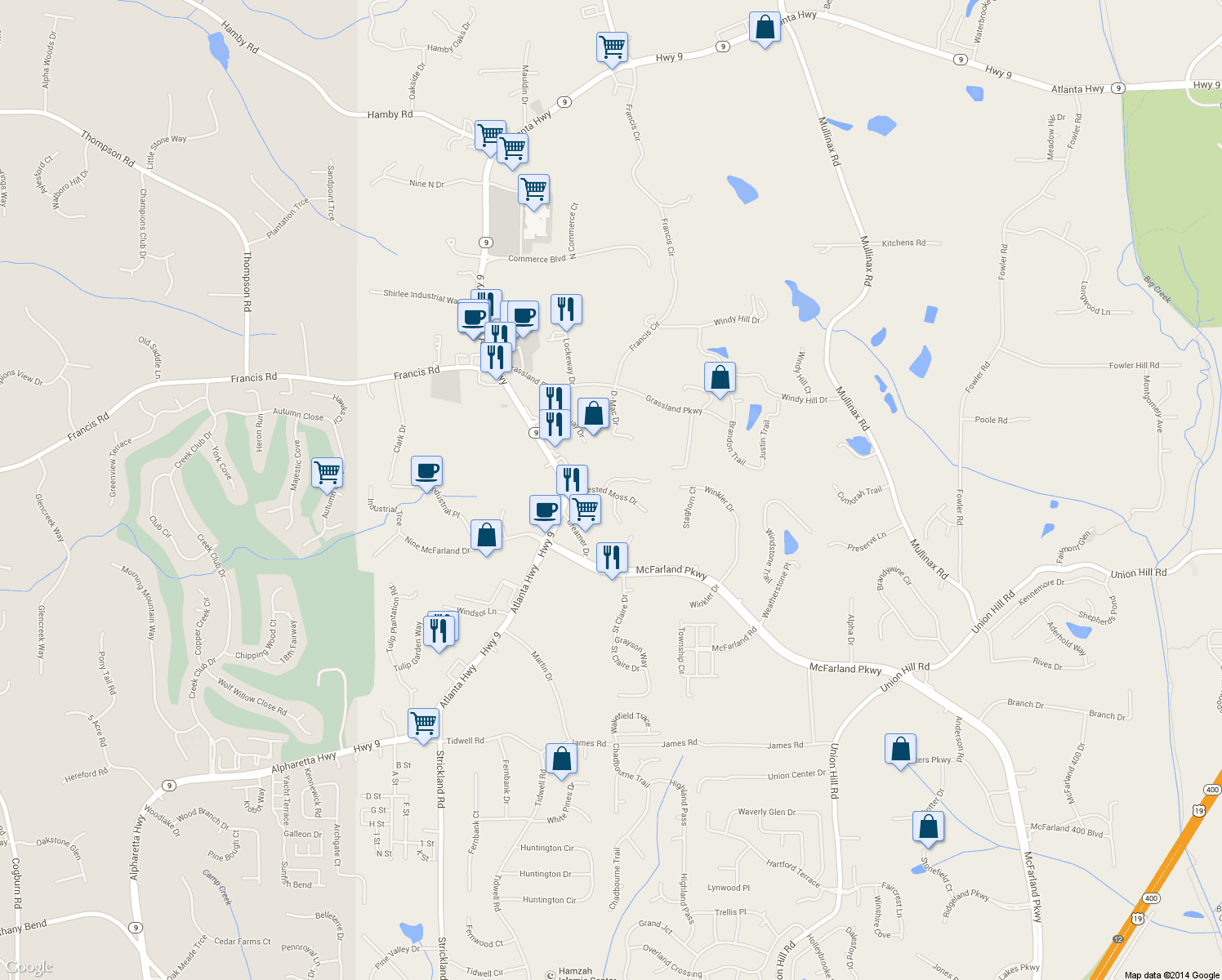 map of restaurants, bars, coffee shops, grocery stores, and more near 6010 Apple Rose Dr in Alpharetta