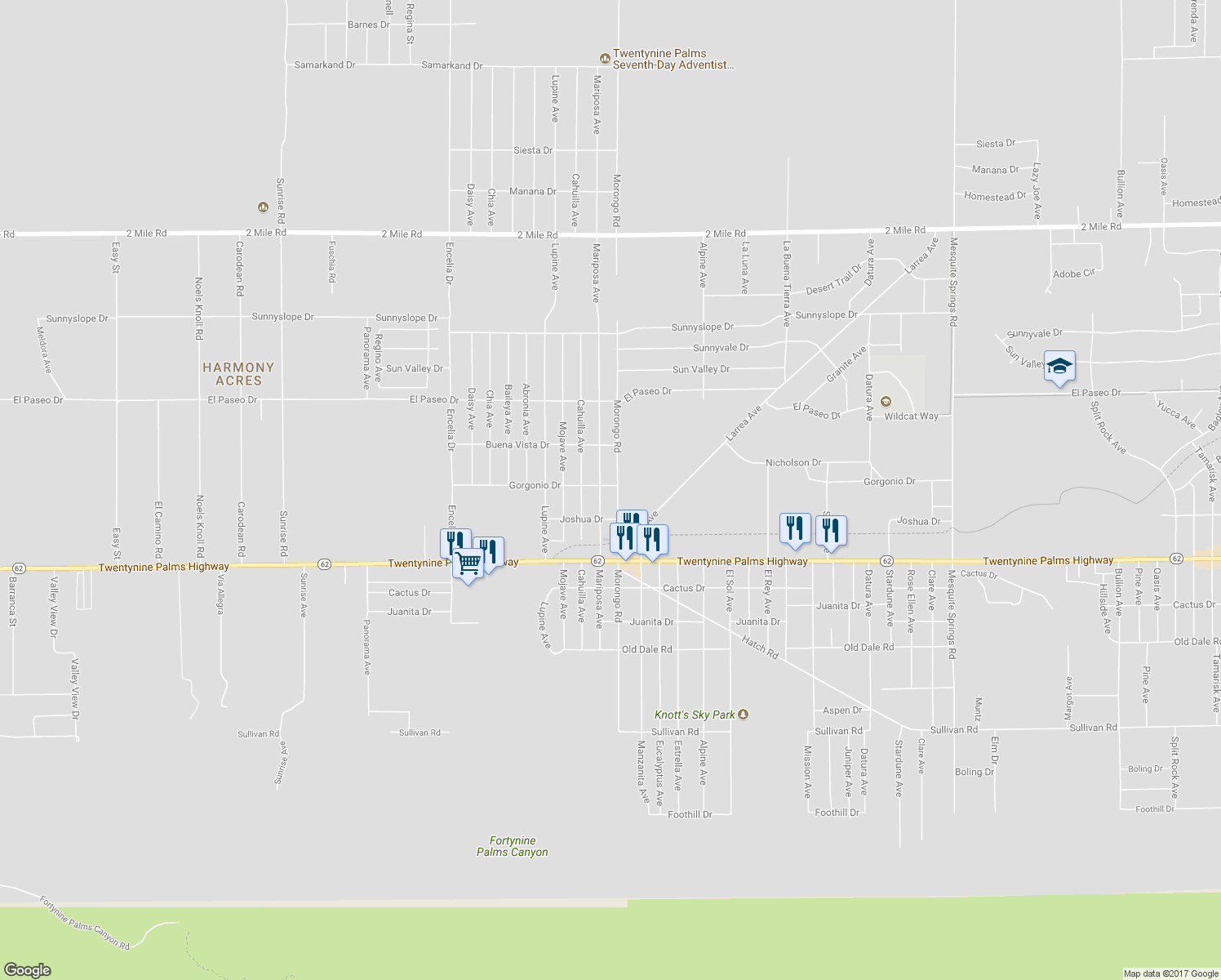 map of restaurants, bars, coffee shops, grocery stores, and more near 72083 Gorgonio Drive in Twentynine Palms