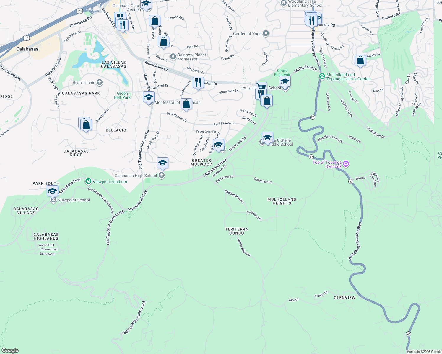 map of restaurants, bars, coffee shops, grocery stores, and more near 22601 Dardenne Street in Calabasas