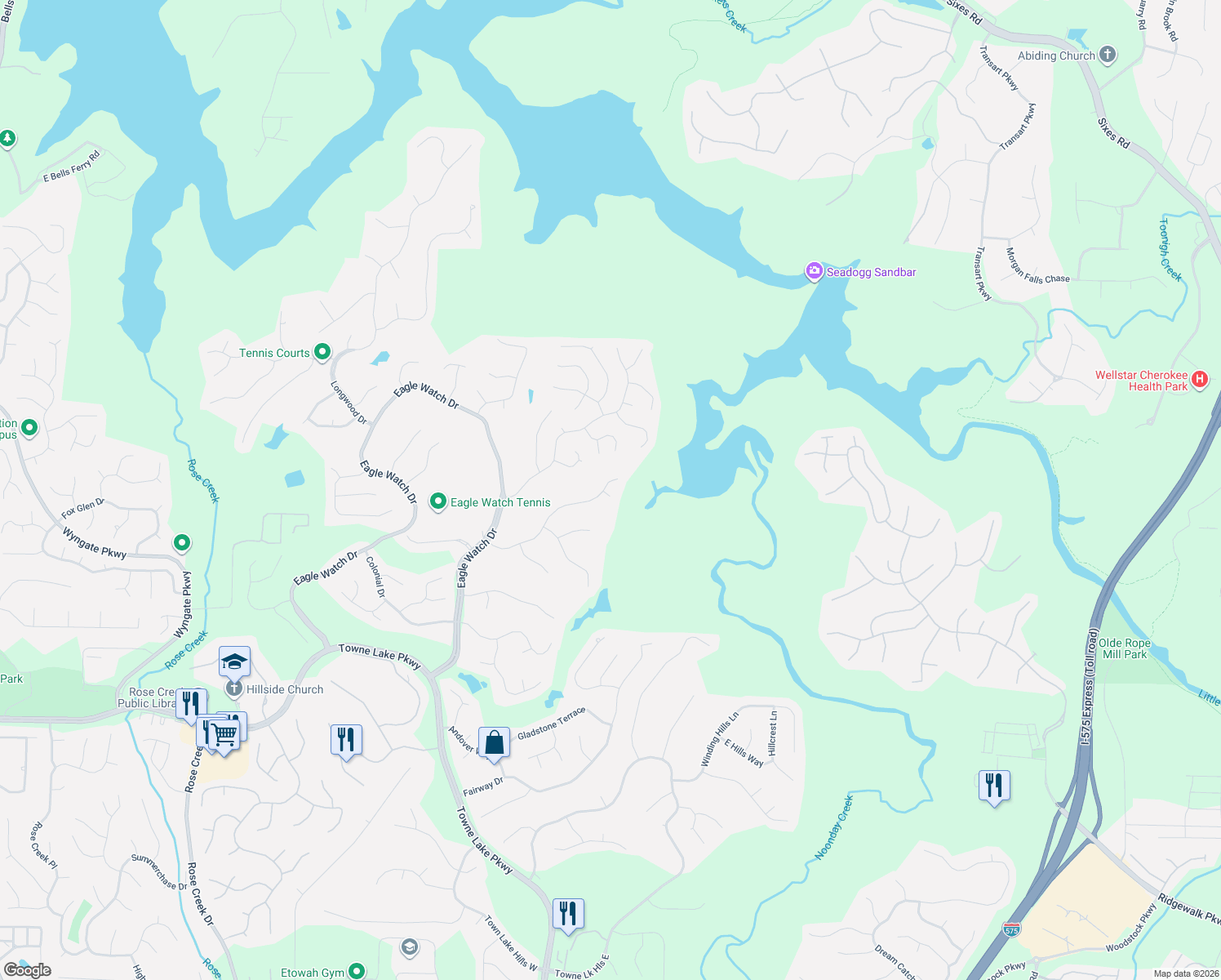 map of restaurants, bars, coffee shops, grocery stores, and more near 3803 Woodruff Court in Woodstock