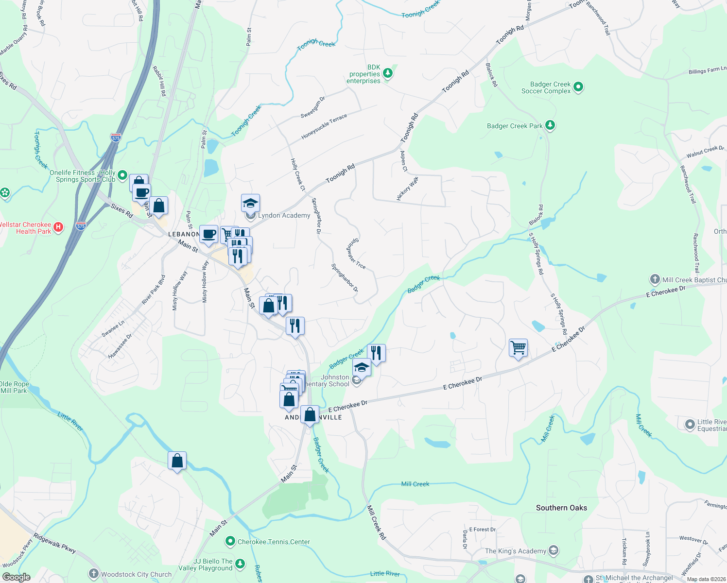 map of restaurants, bars, coffee shops, grocery stores, and more near 618 Springharbor Dr in Woodstock