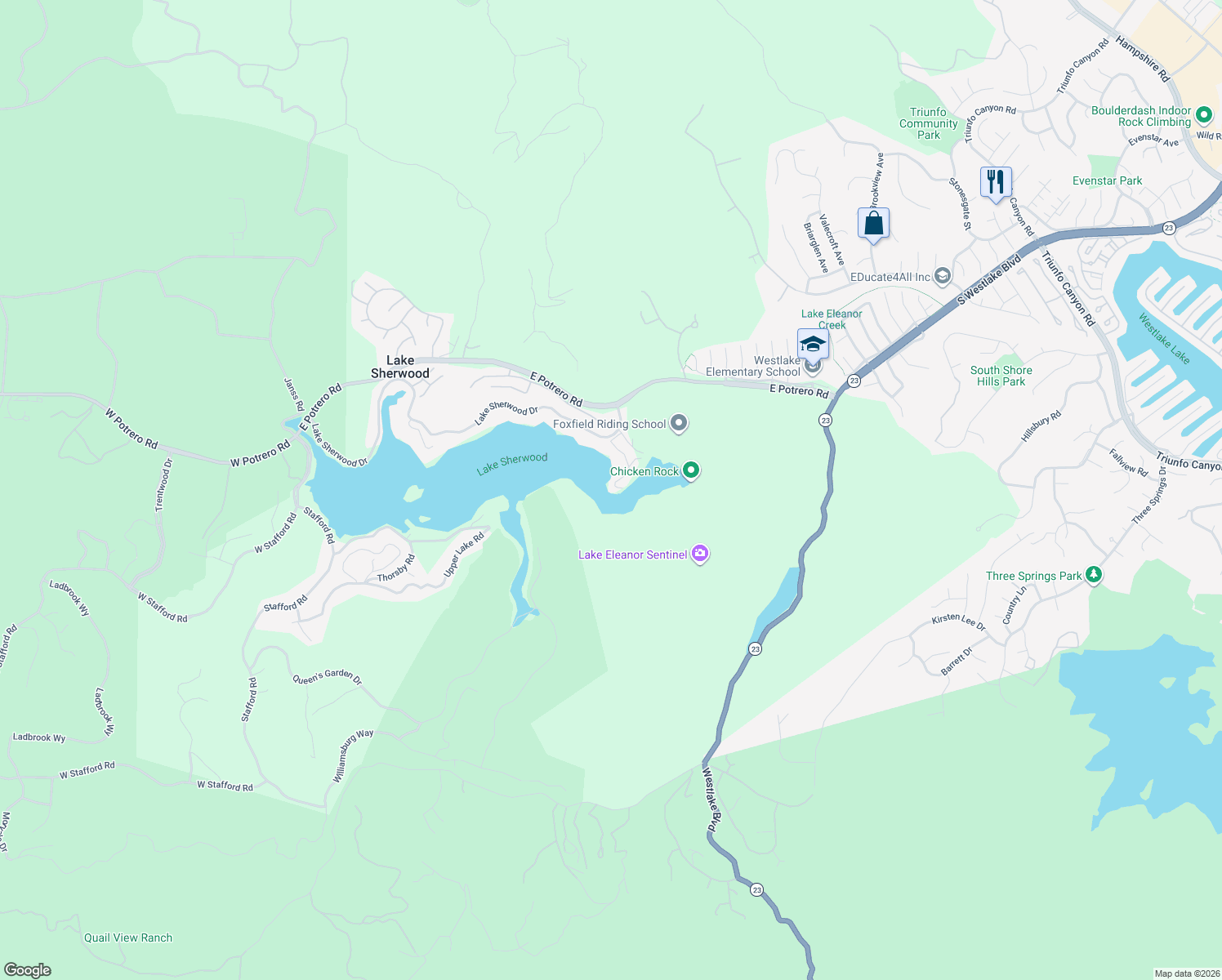 map of restaurants, bars, coffee shops, grocery stores, and more near 2141 Trentham Road in Lake Sherwood