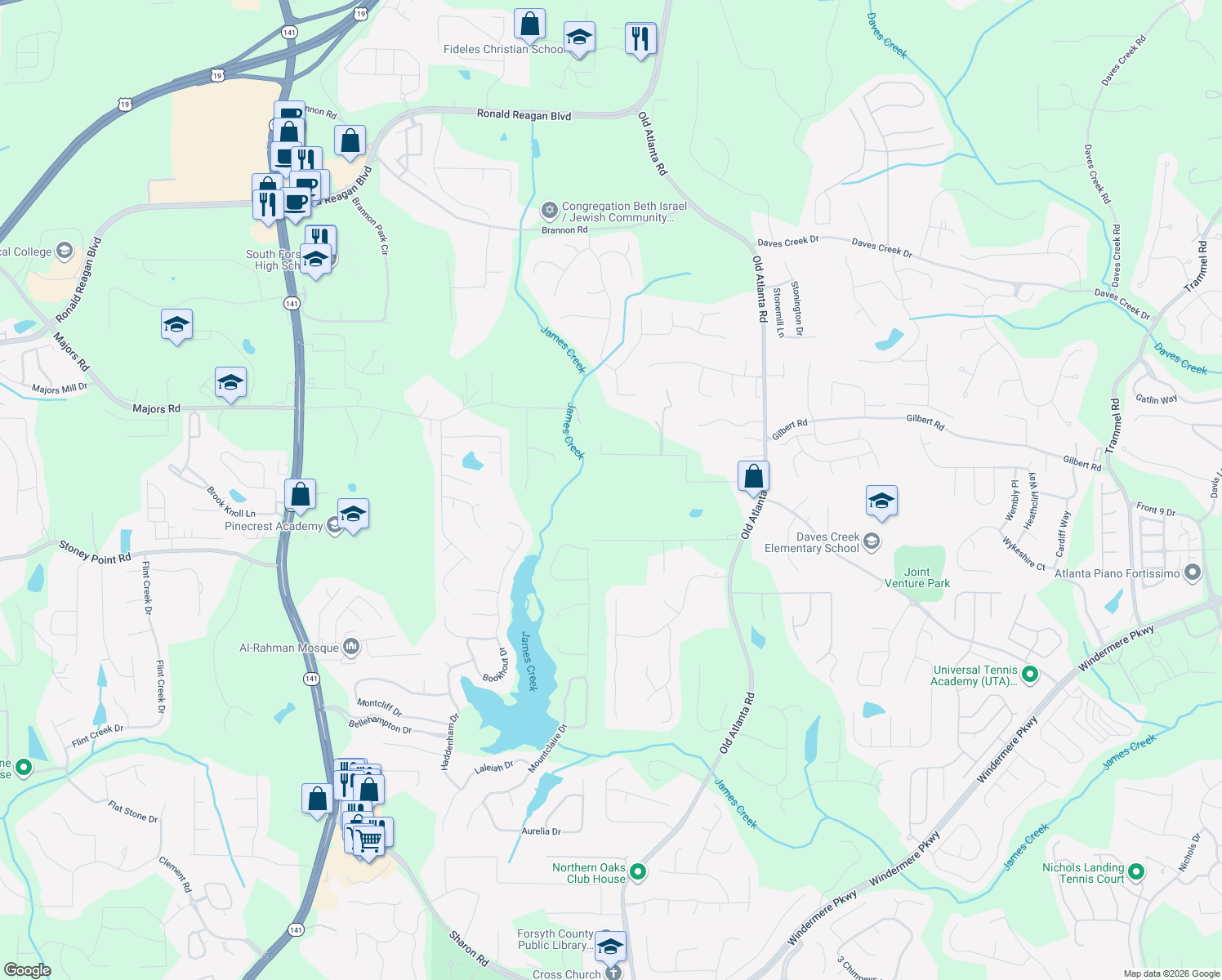 map of restaurants, bars, coffee shops, grocery stores, and more near 2110 Melodie Lane in Cumming