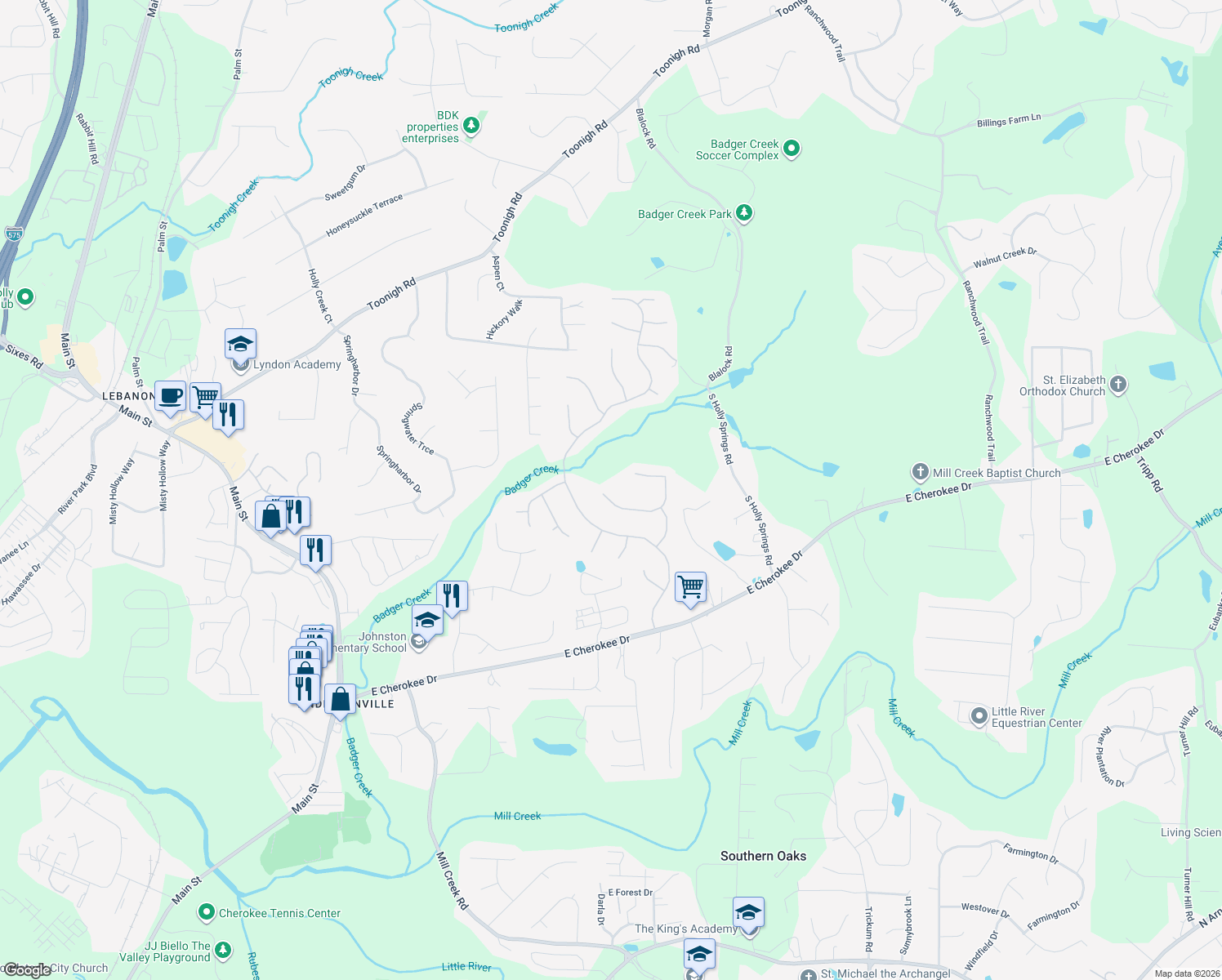 map of restaurants, bars, coffee shops, grocery stores, and more near 705 Parkside Drive in Woodstock