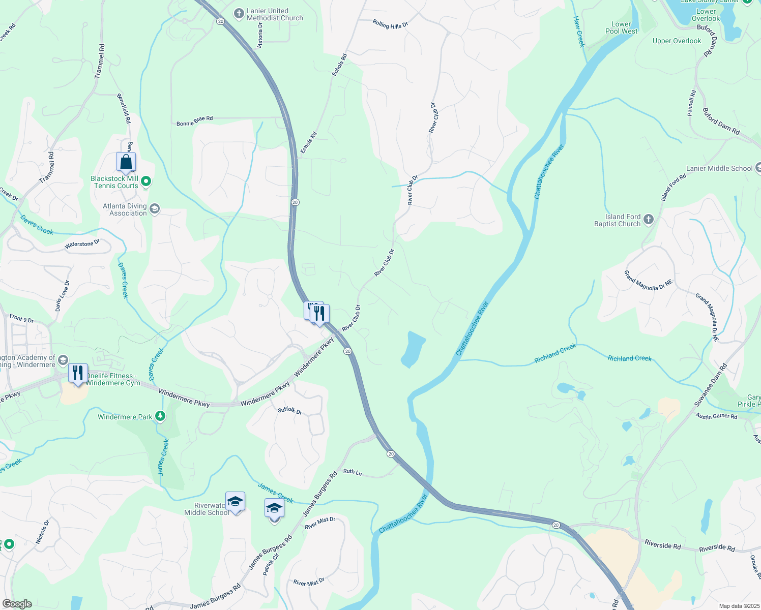 map of restaurants, bars, coffee shops, grocery stores, and more near 3510 Woodbury Creek Drive in Cumming