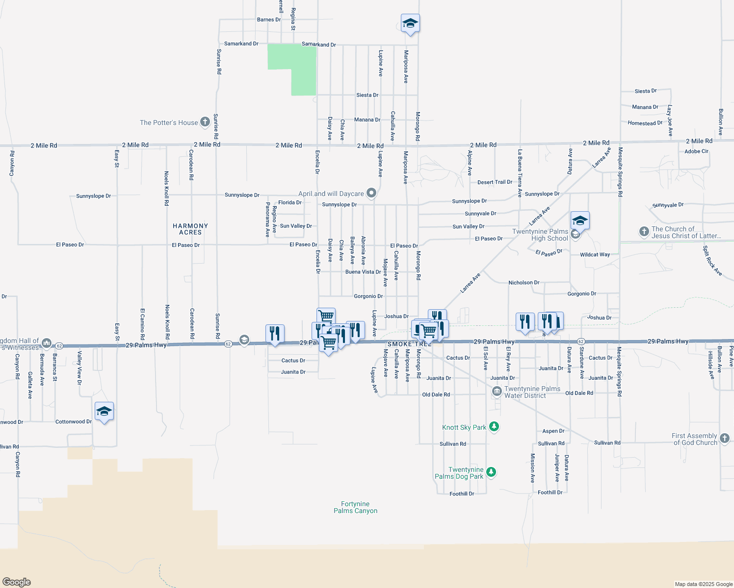 map of restaurants, bars, coffee shops, grocery stores, and more near 71904 Gorgonio Drive in Twentynine Palms