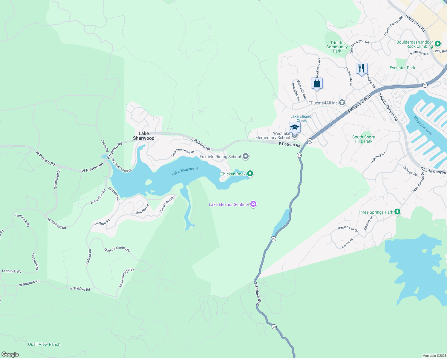 map of restaurants, bars, coffee shops, grocery stores, and more near 2141 Trentham Road in Ventura County
