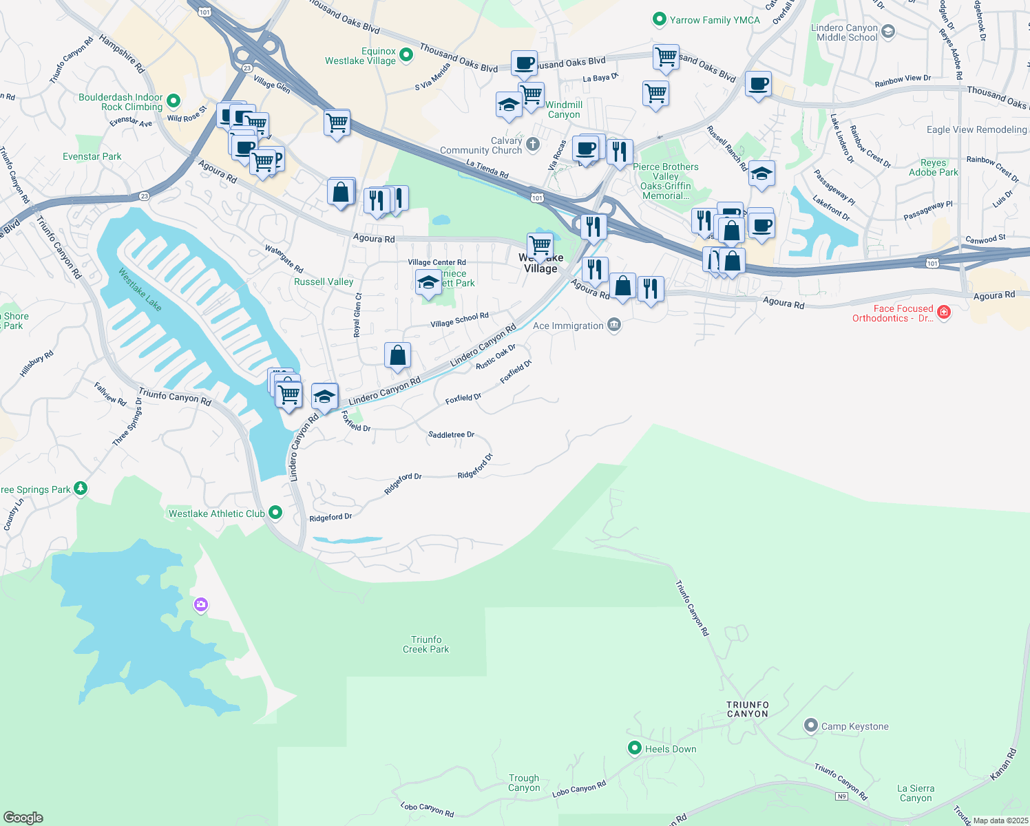 map of restaurants, bars, coffee shops, grocery stores, and more near 31510 Germaine Lane in Westlake Village