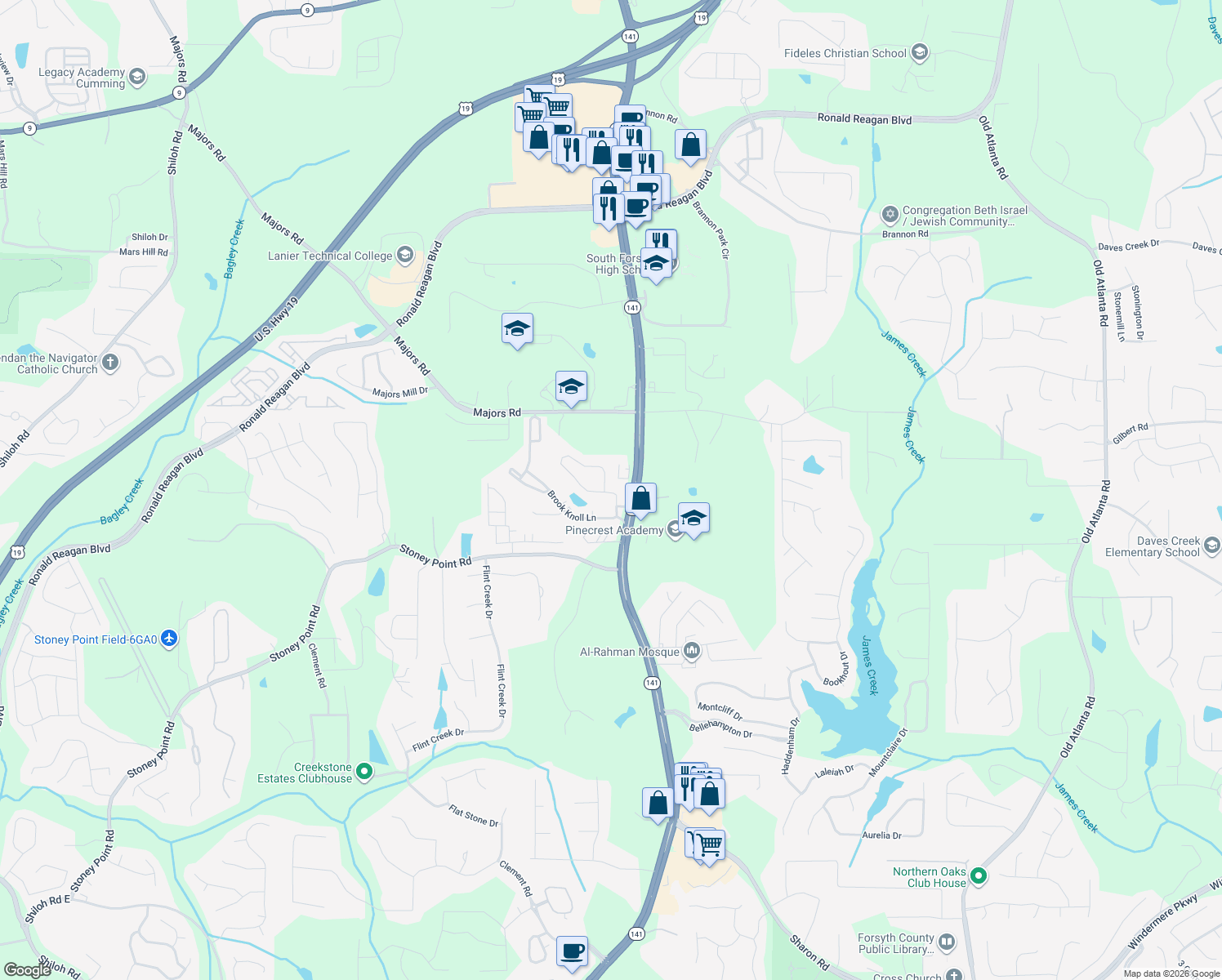 map of restaurants, bars, coffee shops, grocery stores, and more near 1435 Creek Vista Drive in Cumming
