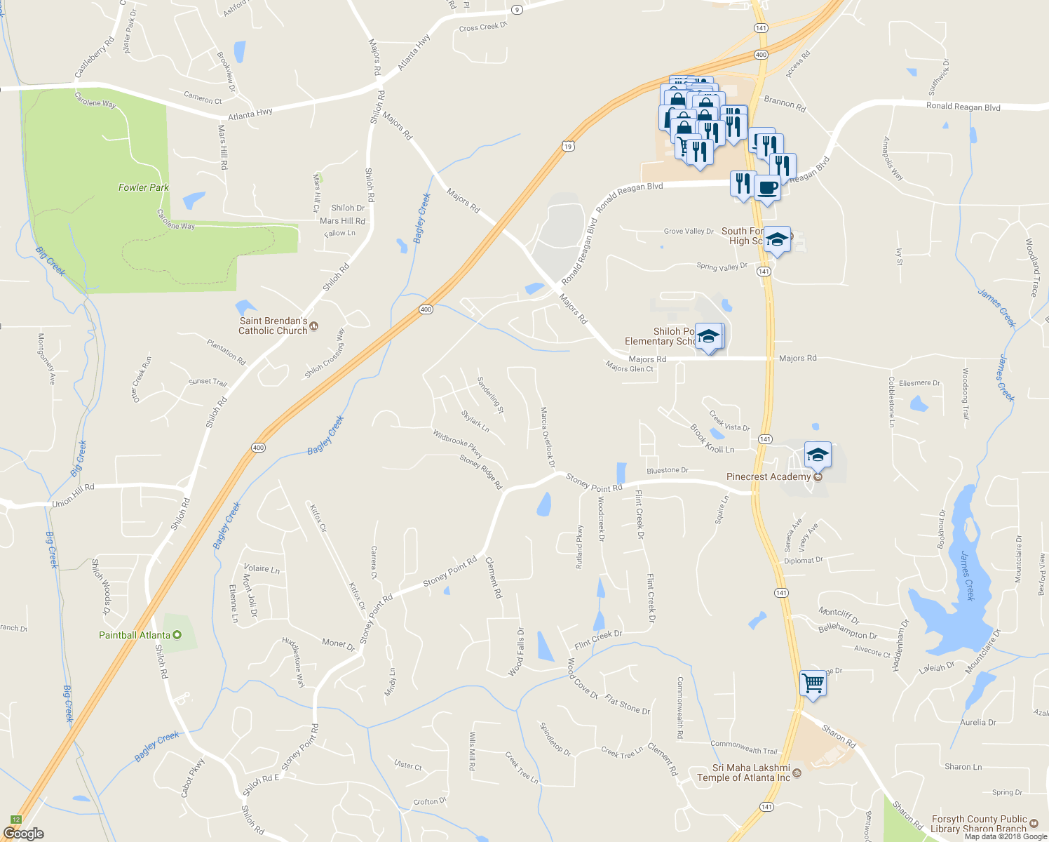 map of restaurants, bars, coffee shops, grocery stores, and more near 2050 Marcia Overlook Drive in Cumming