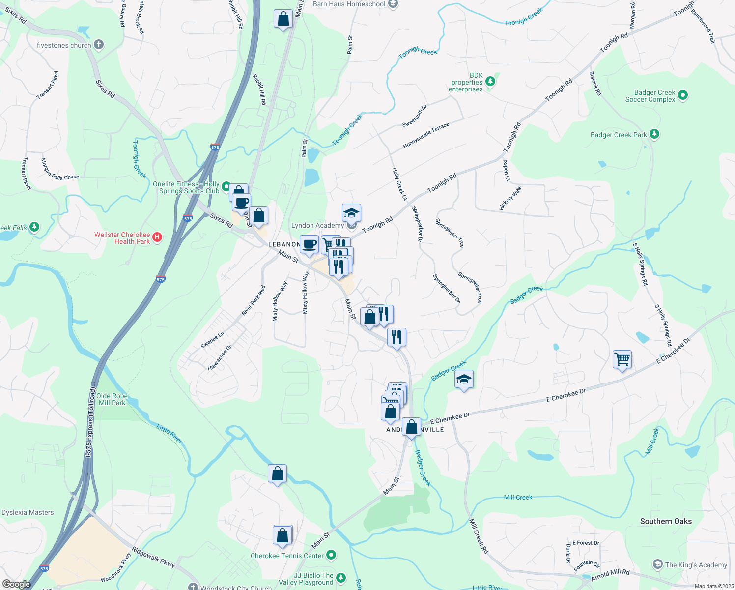 map of restaurants, bars, coffee shops, grocery stores, and more near 305 Fox Overlook in Woodstock