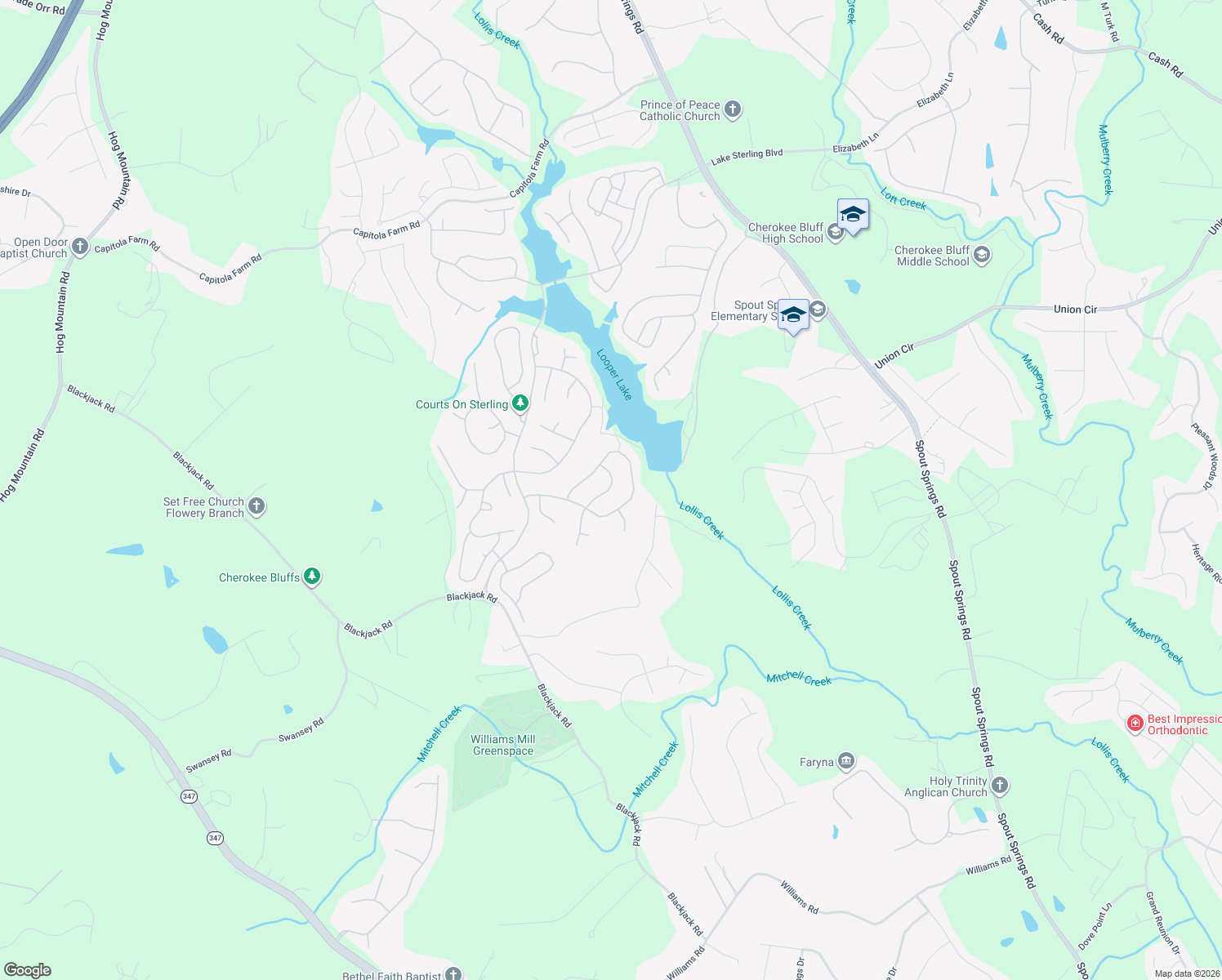map of restaurants, bars, coffee shops, grocery stores, and more near 7924 Benchmark Dr in Flowery Branch