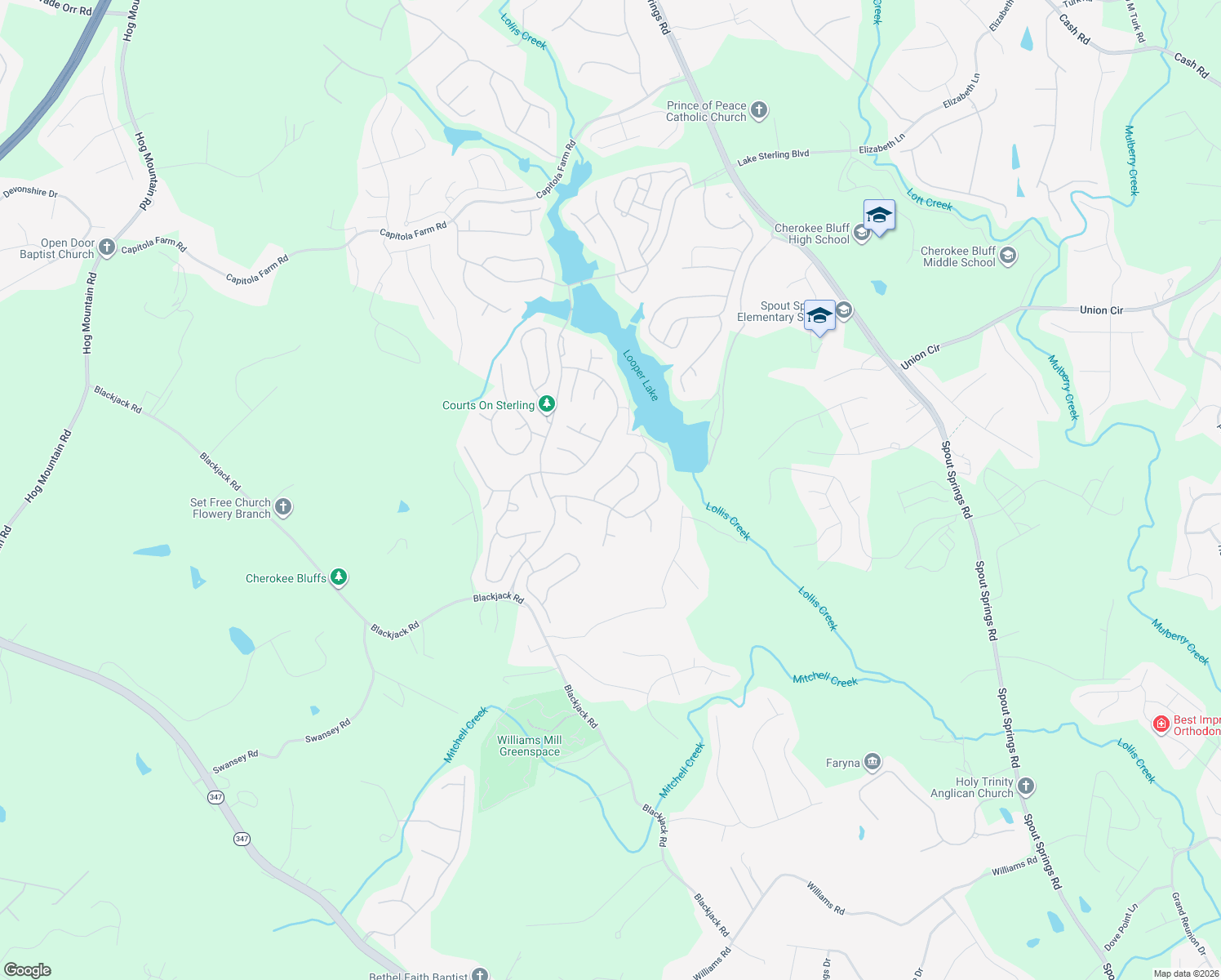 map of restaurants, bars, coffee shops, grocery stores, and more near 8089 Sleepy Lagoon Way in Flowery Branch